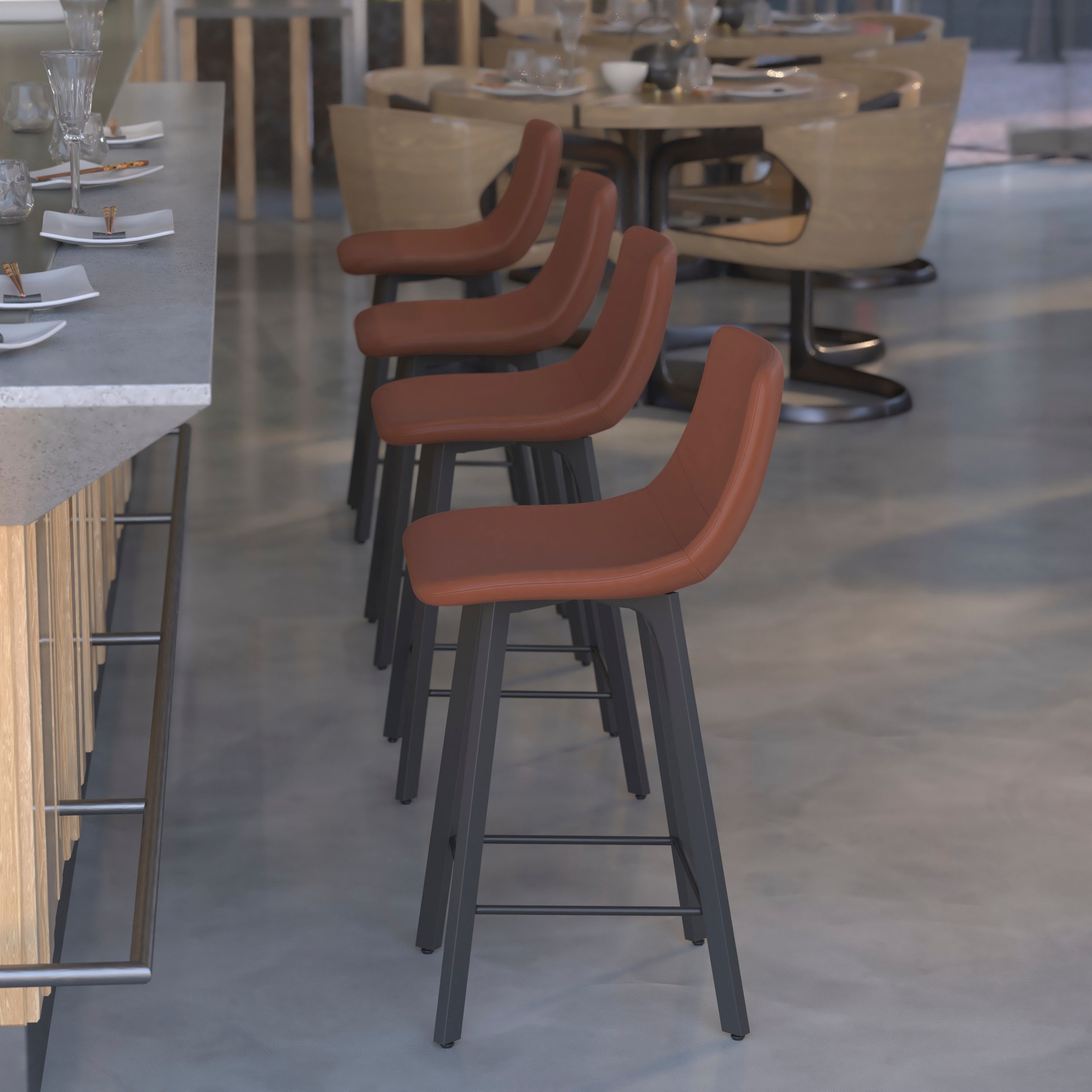 Caleb Modern Armless 24 Inch Counter Height Stools Commercial Grade with Footrests in Cognac LeatherSoft and Black Matte Metal Frames, Set of 2