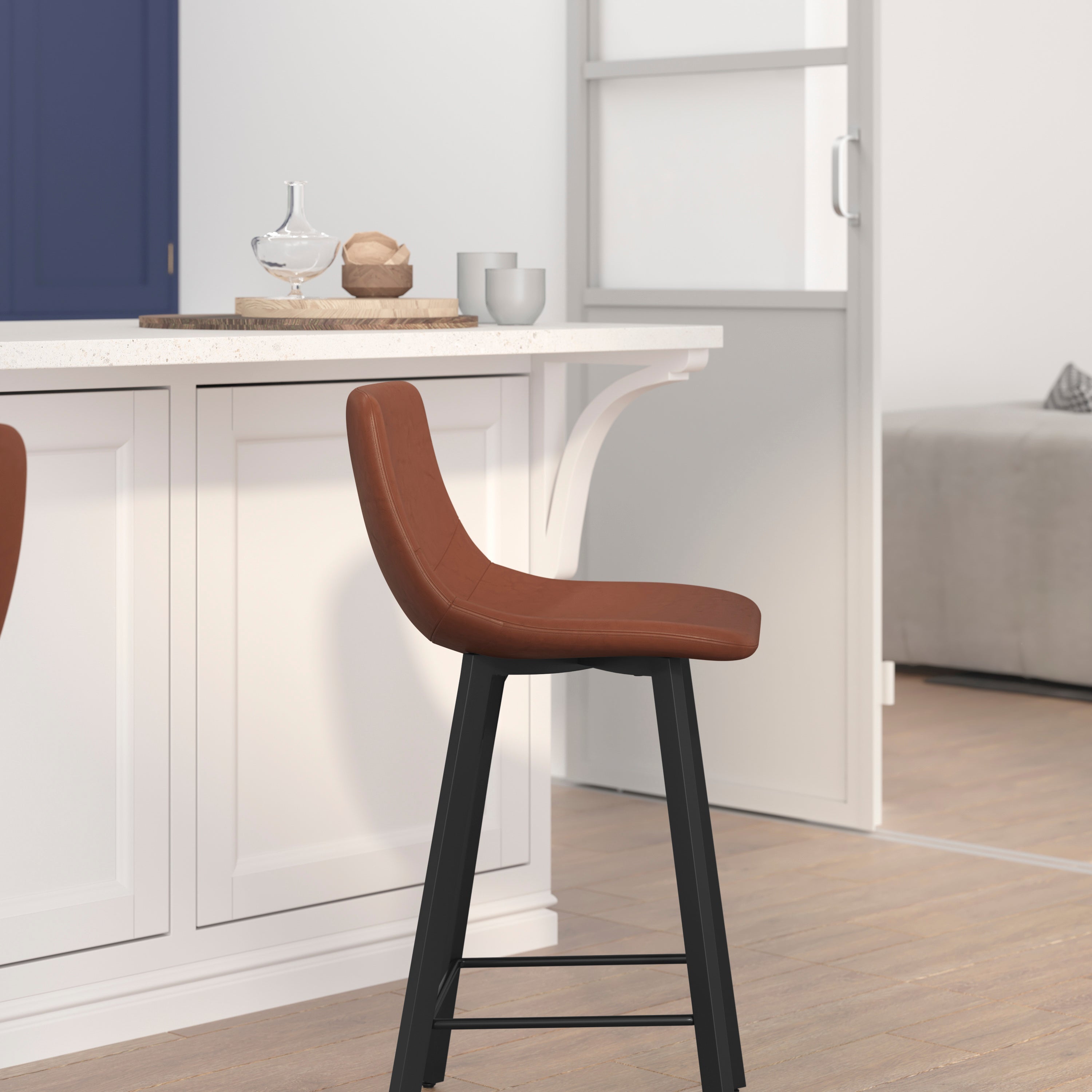 Caleb Modern Armless 24 Inch Counter Height Stools Commercial Grade with Footrests in Cognac LeatherSoft and Black Matte Metal Frames, Set of 2