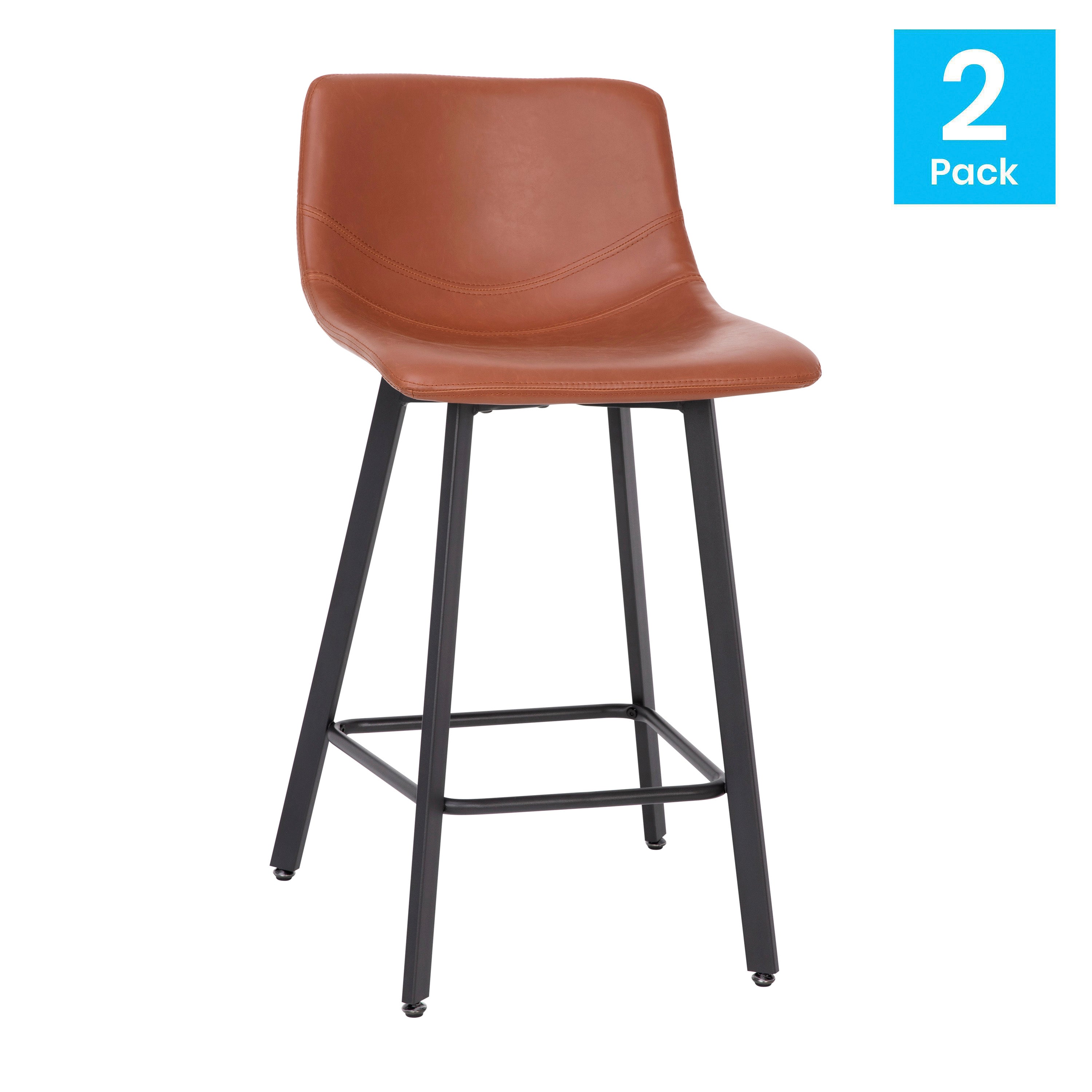 Caleb Modern Armless 24 Inch Counter Height Stools Commercial Grade with Footrests in Cognac LeatherSoft and Black Matte Metal Frames, Set of 2