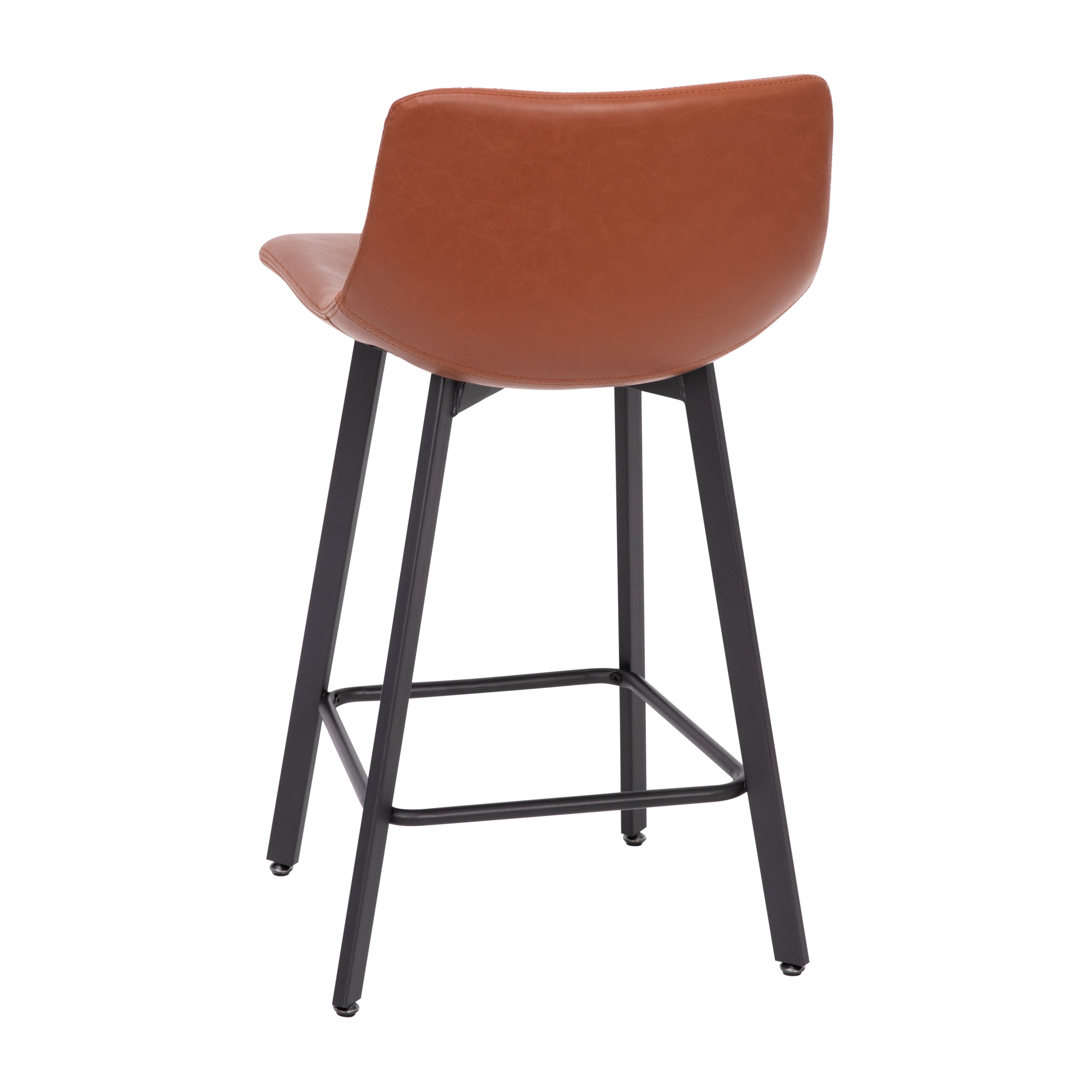 Caleb Modern Armless 24 Inch Counter Height Stools Commercial Grade with Footrests in Cognac LeatherSoft and Black Matte Metal Frames, Set of 2