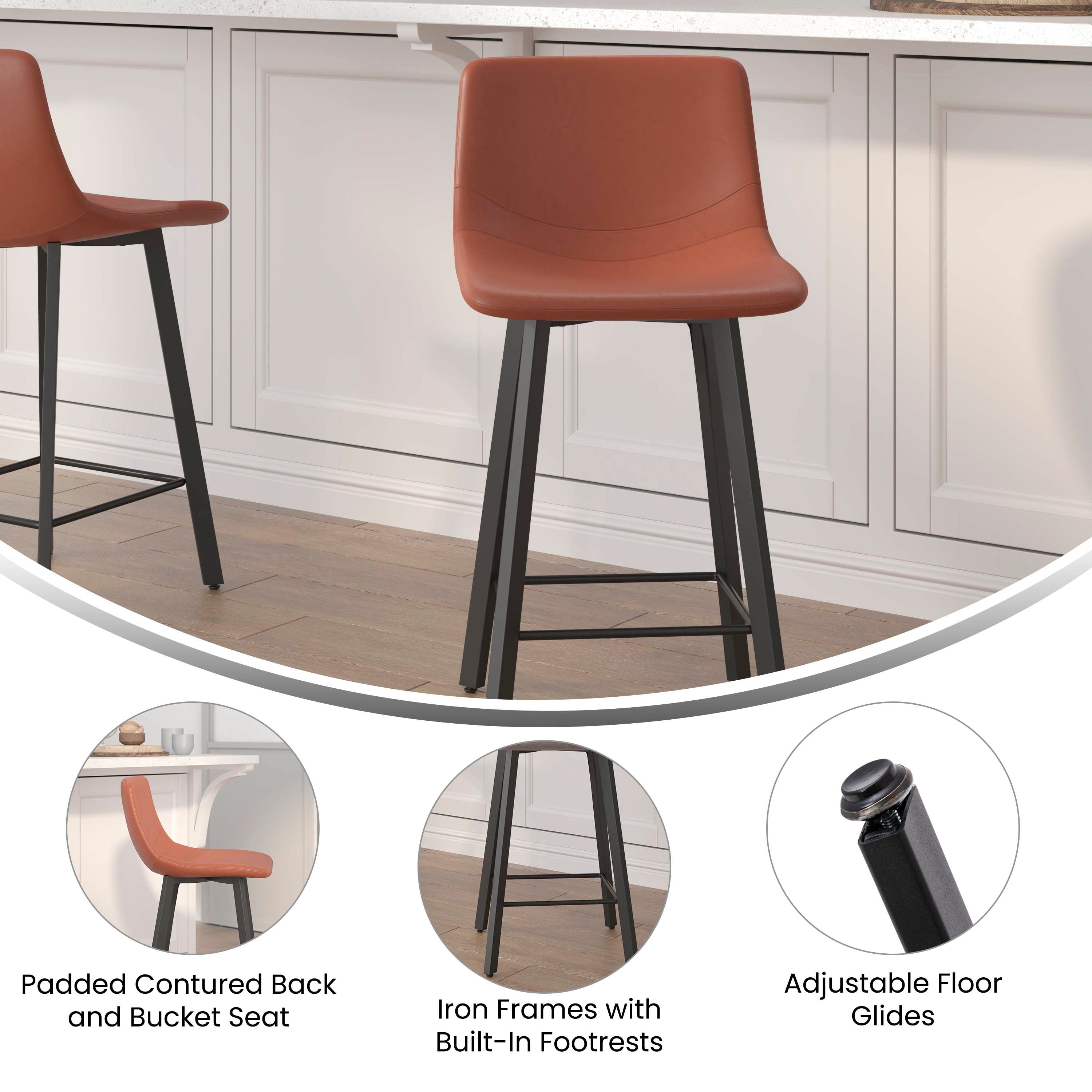 Caleb Modern Armless 24 Inch Counter Height Stools Commercial Grade with Footrests in Cognac LeatherSoft and Black Matte Metal Frames, Set of 2