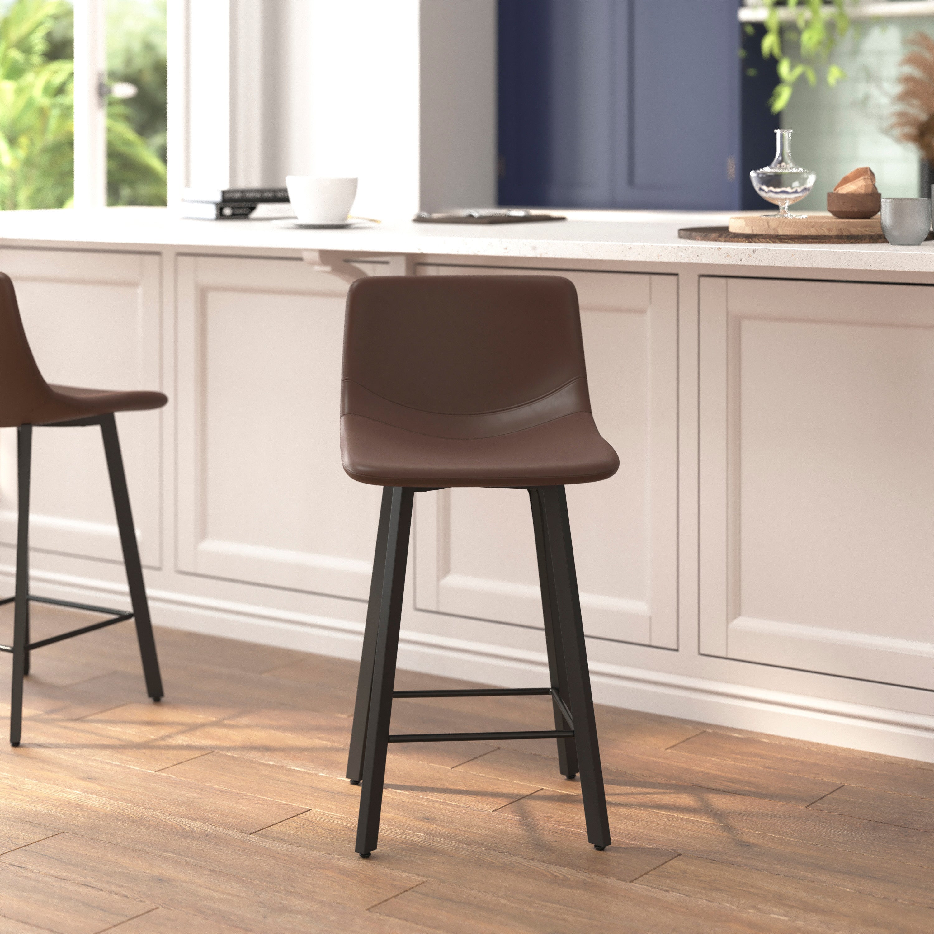 Caleb Modern Armless 24 Inch Counter Height Stools Commercial Grade w/Footrests in Chocolate Brown LeatherSoft and Black Matte Metal Frames, Set of 2