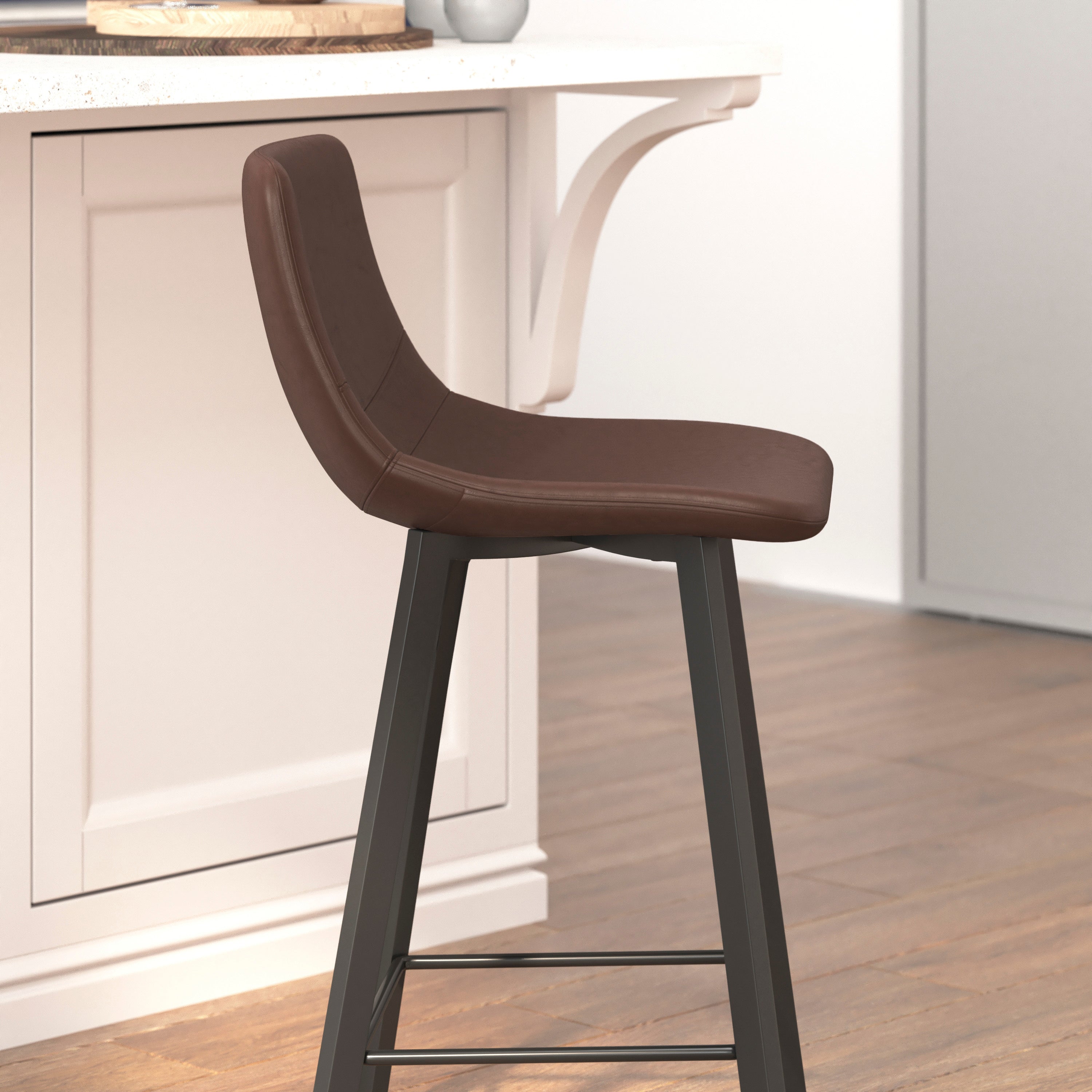 Caleb Modern Armless 24 Inch Counter Height Stools Commercial Grade w/Footrests in Chocolate Brown LeatherSoft and Black Matte Metal Frames, Set of 2