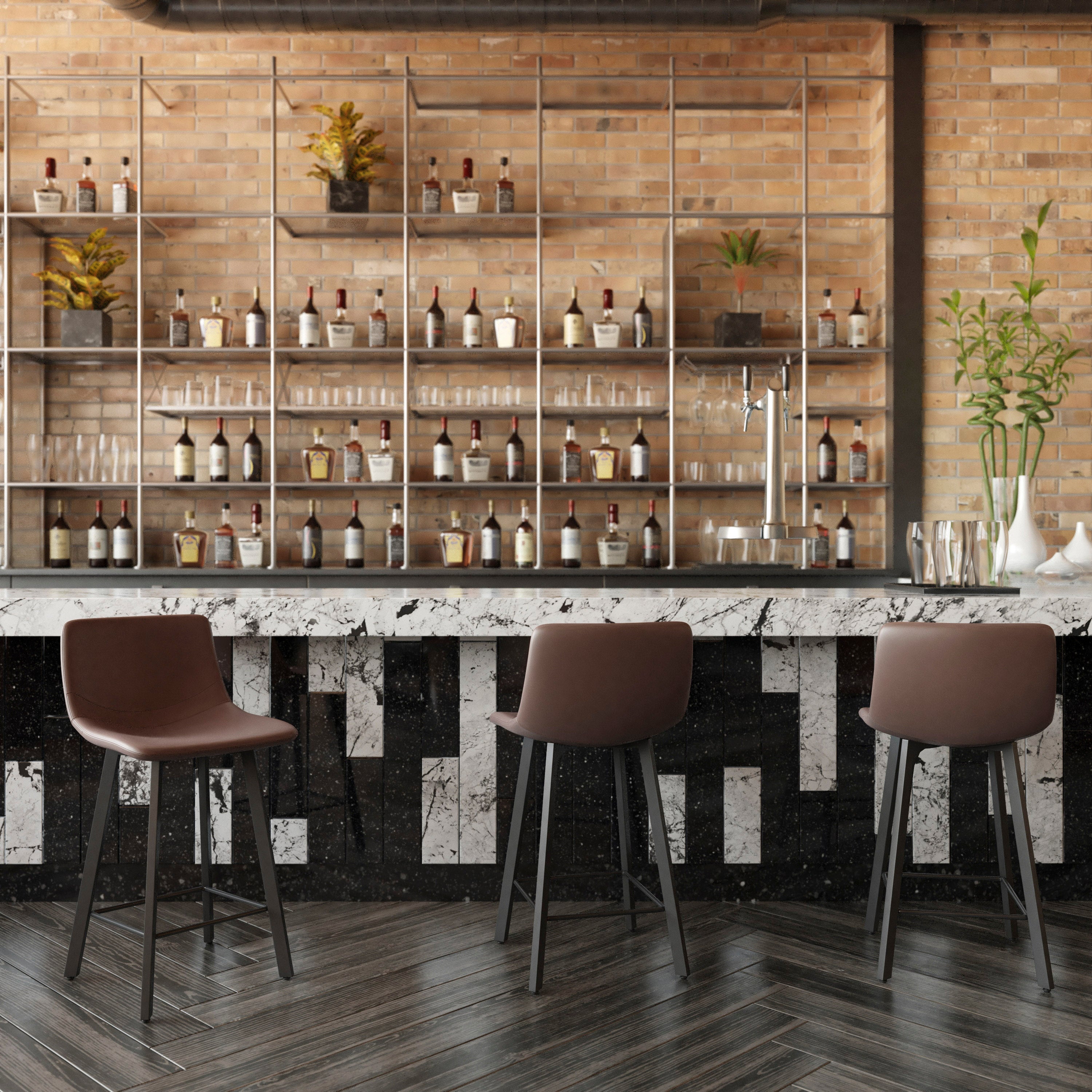 Caleb Modern Armless 24 Inch Counter Height Stools Commercial Grade w/Footrests in Chocolate Brown LeatherSoft and Black Matte Metal Frames, Set of 2