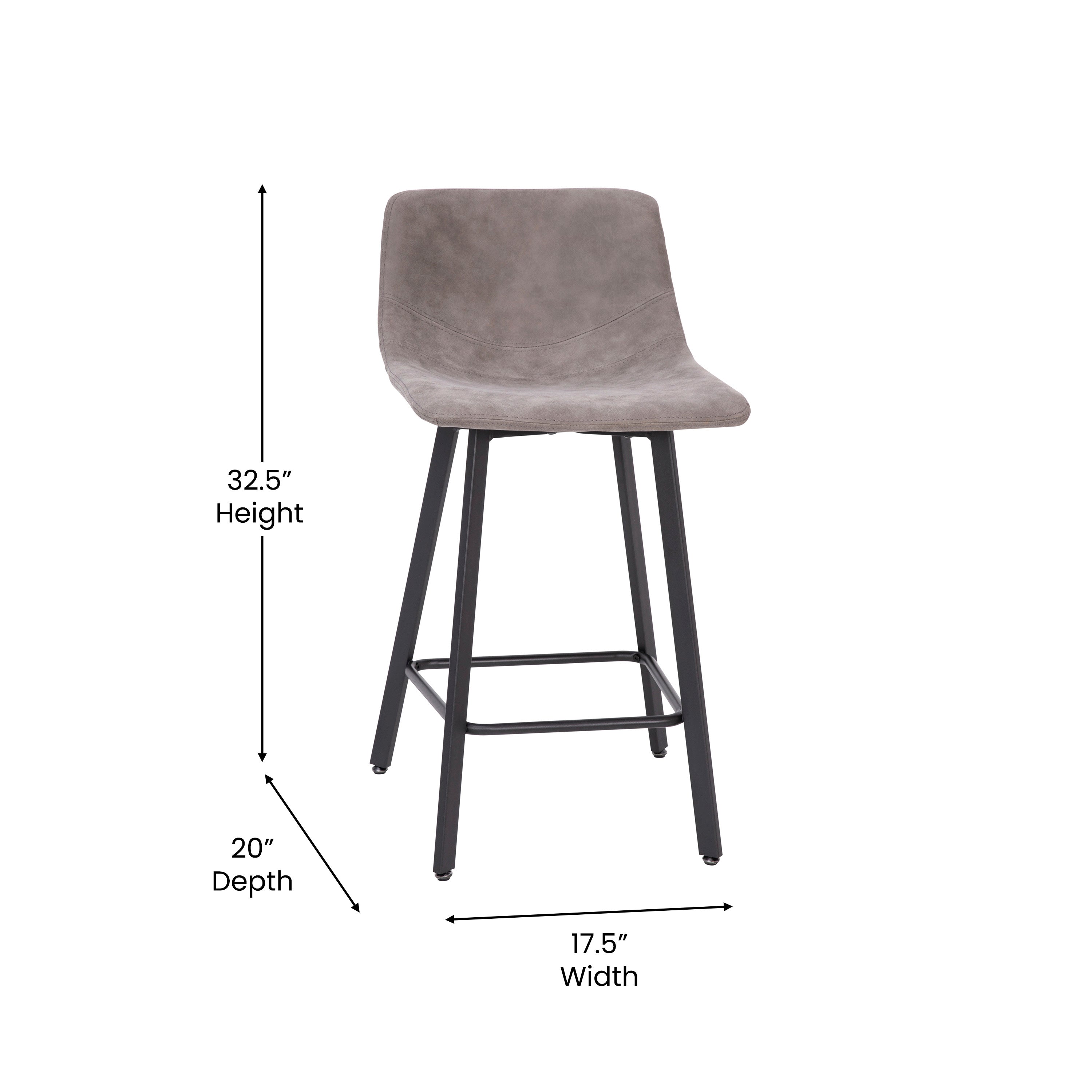 Caleb Modern Armless 24 Inch Counter Height Stools Commercial Grade with Footrests in Gray LeatherSoft and Black Matte Metal Frames, Set of 2
