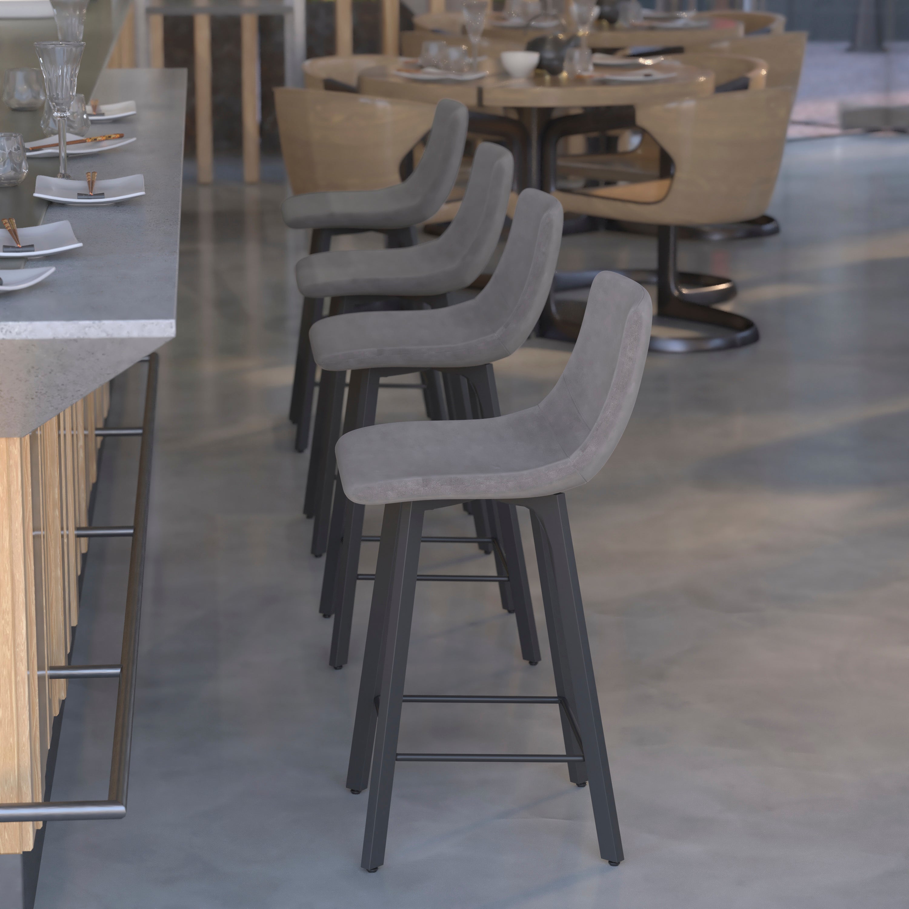 Caleb Modern Armless 24 Inch Counter Height Stools Commercial Grade with Footrests in Gray LeatherSoft and Black Matte Metal Frames, Set of 2