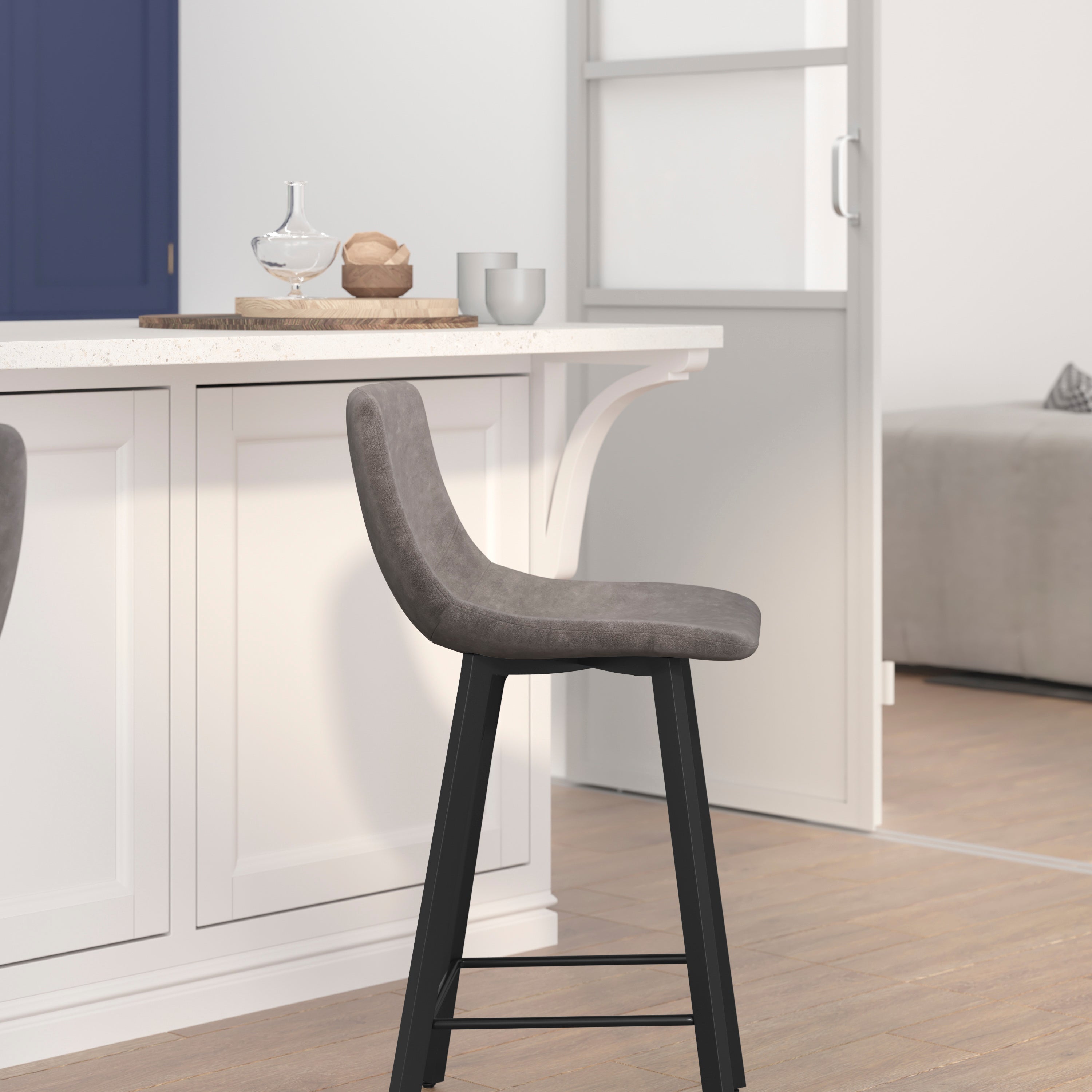 Caleb Modern Armless 24 Inch Counter Height Stools Commercial Grade with Footrests in Gray LeatherSoft and Black Matte Metal Frames, Set of 2
