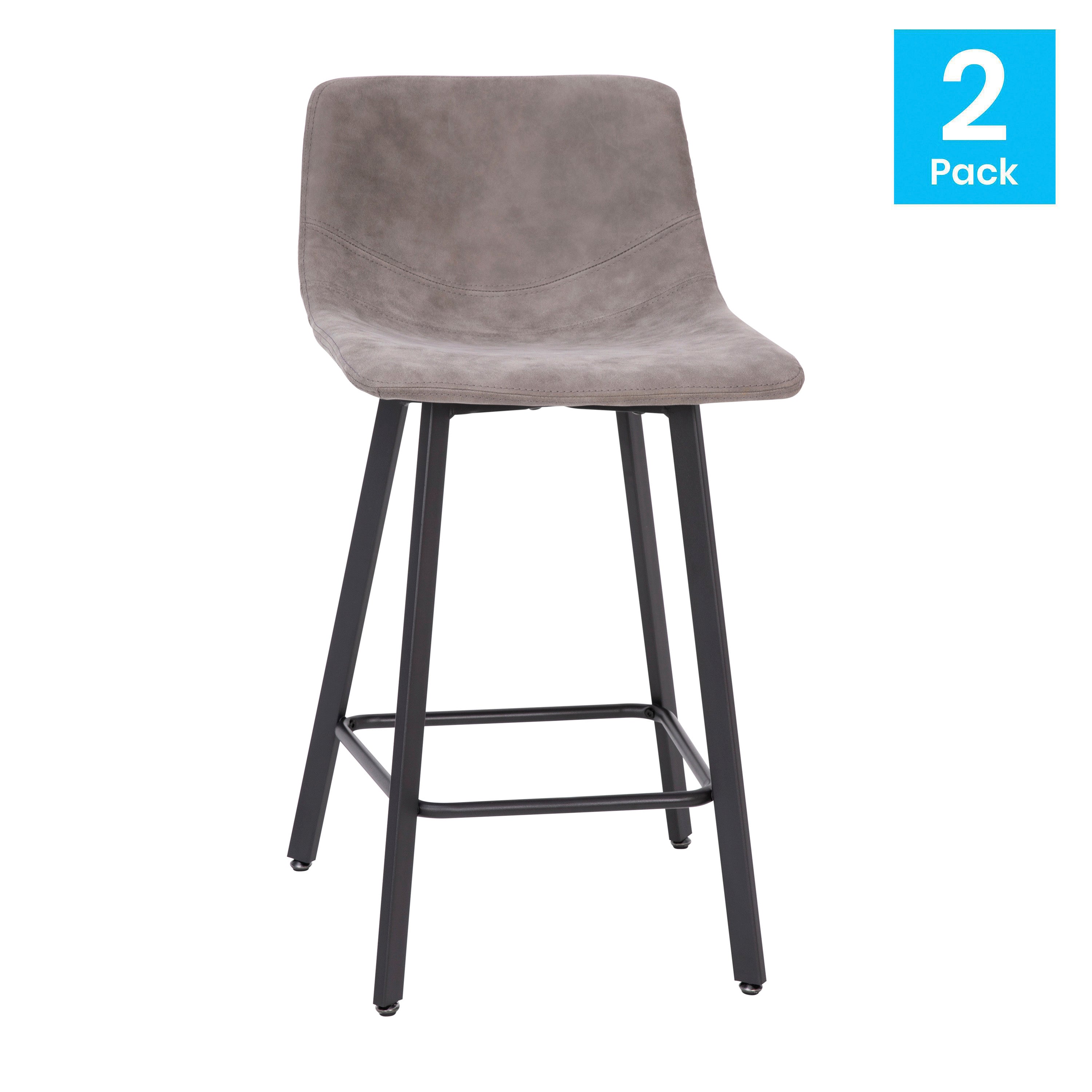 Caleb Modern Armless 24 Inch Counter Height Stools Commercial Grade with Footrests in Gray LeatherSoft and Black Matte Metal Frames, Set of 2