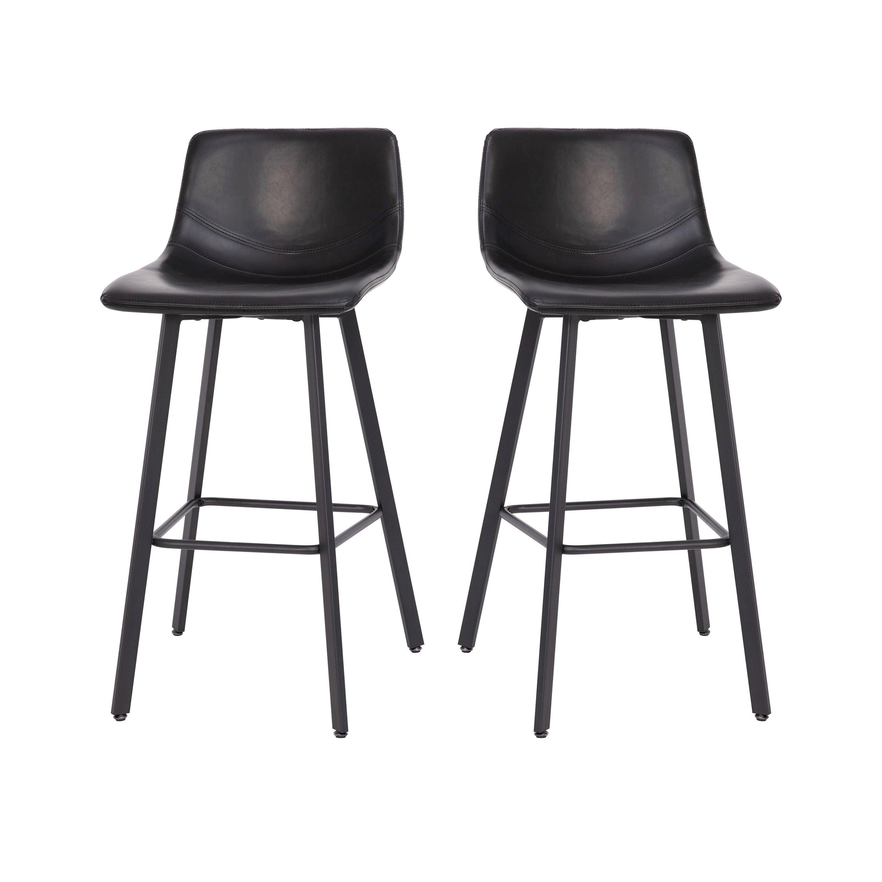 Caleb Modern Armless 30 Inch Bar Height Commercial Grade Barstools with Footrests in Black LeatherSoft and Black Matte Iron Frames, Set of 2