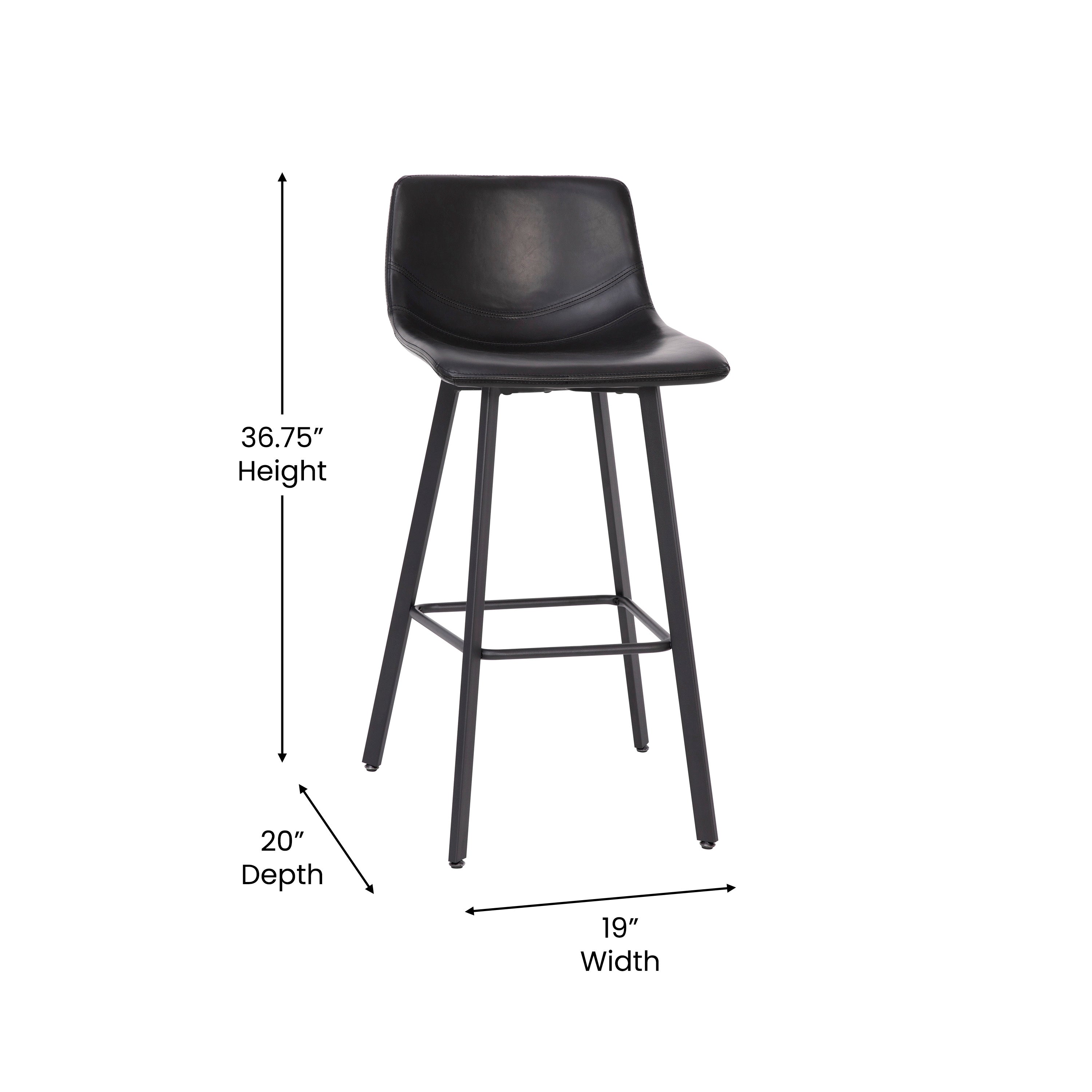 Caleb Modern Armless 30 Inch Bar Height Commercial Grade Barstools with Footrests in Black LeatherSoft and Black Matte Iron Frames, Set of 2