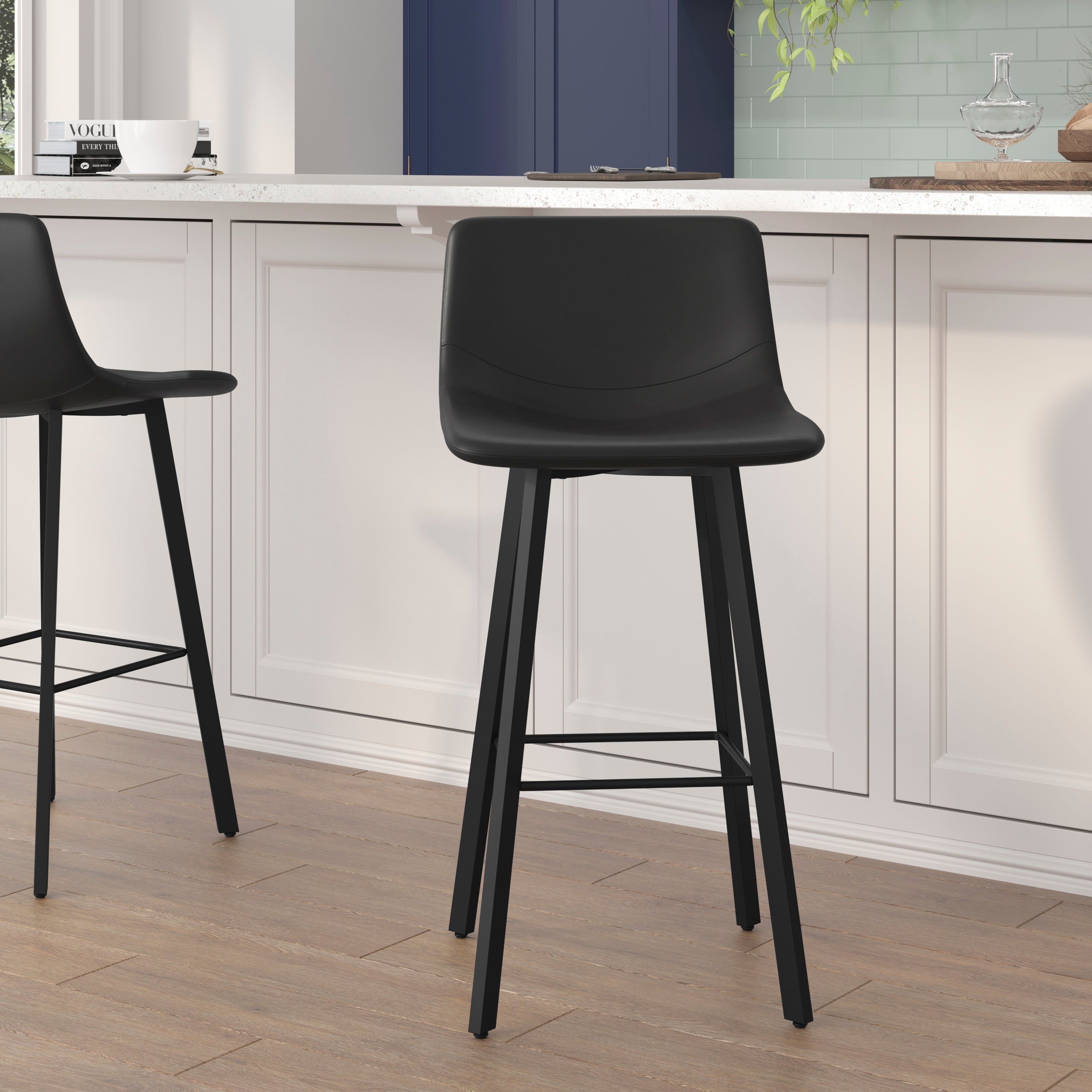 Caleb Modern Armless 30 Inch Bar Height Commercial Grade Barstools with Footrests in Black LeatherSoft and Black Matte Iron Frames, Set of 2