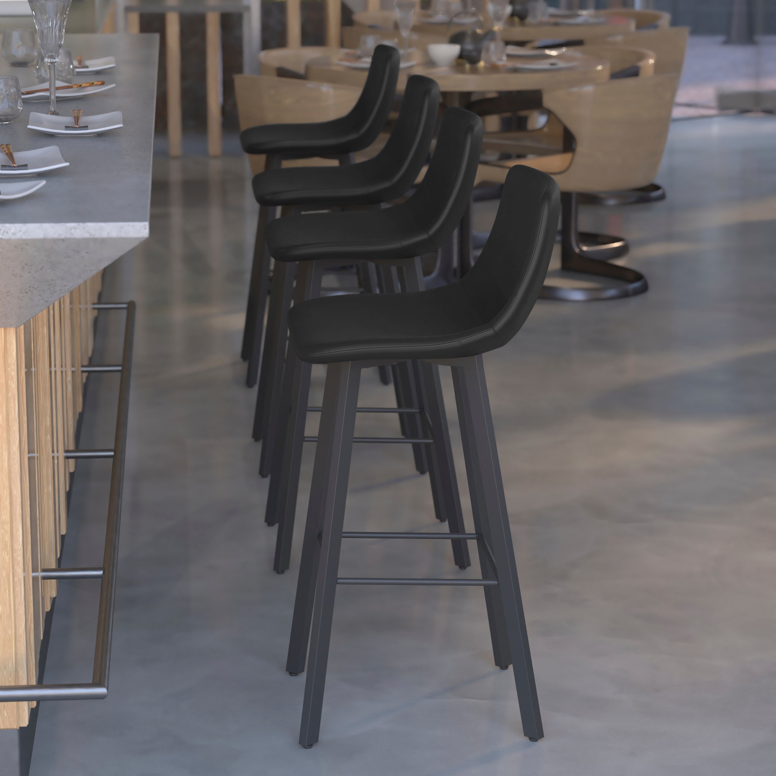 Caleb Modern Armless 30 Inch Bar Height Commercial Grade Barstools with Footrests in Black LeatherSoft and Black Matte Iron Frames, Set of 2
