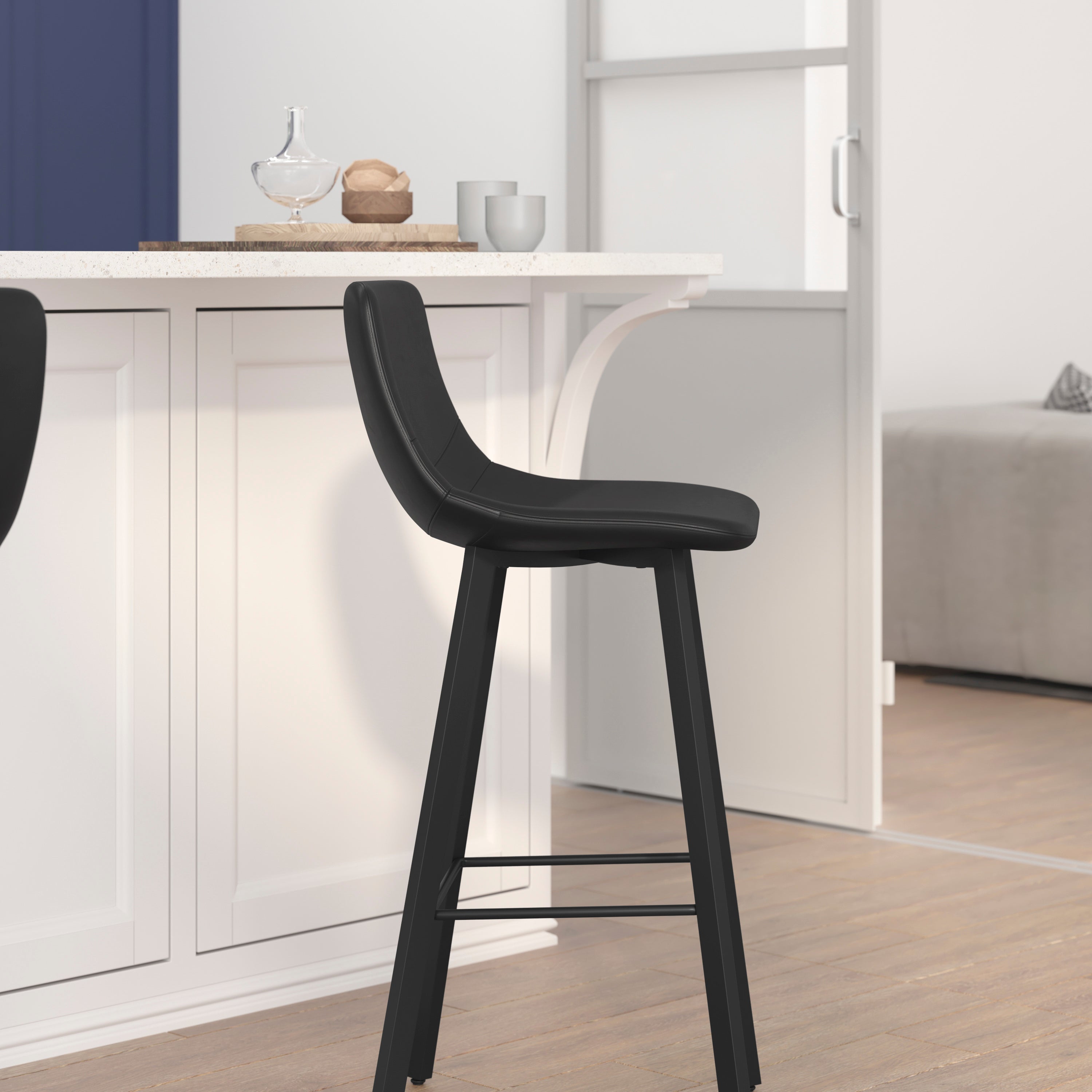 Caleb Modern Armless 30 Inch Bar Height Commercial Grade Barstools with Footrests in Black LeatherSoft and Black Matte Iron Frames, Set of 2