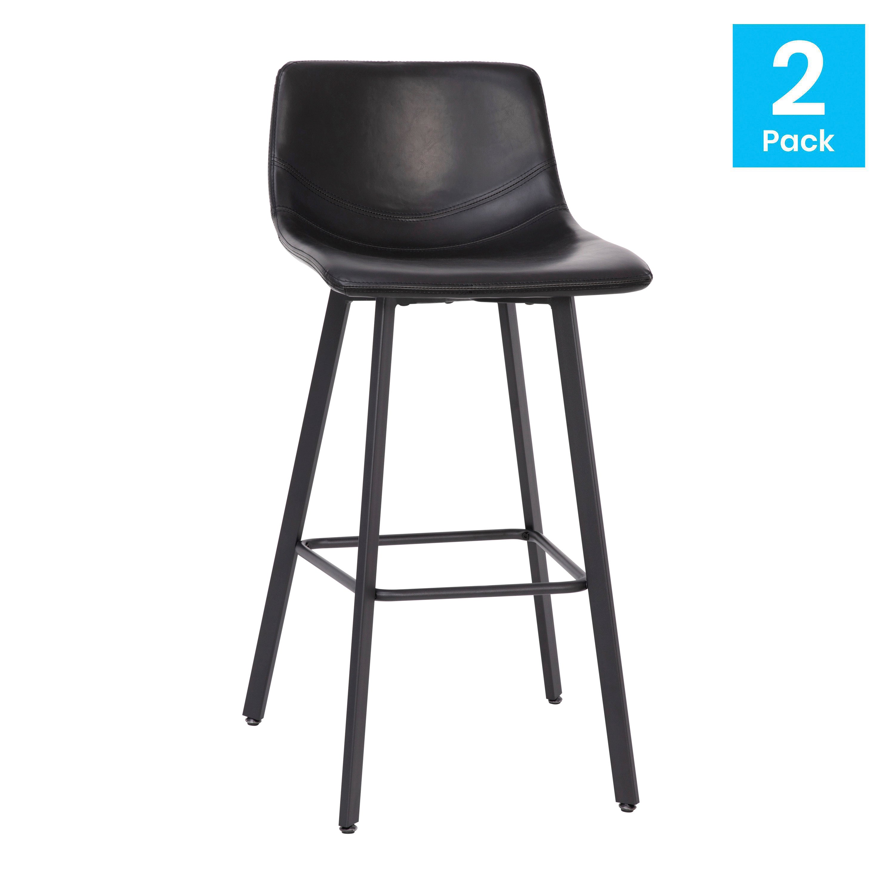 Caleb Modern Armless 30 Inch Bar Height Commercial Grade Barstools with Footrests in Black LeatherSoft and Black Matte Iron Frames, Set of 2
