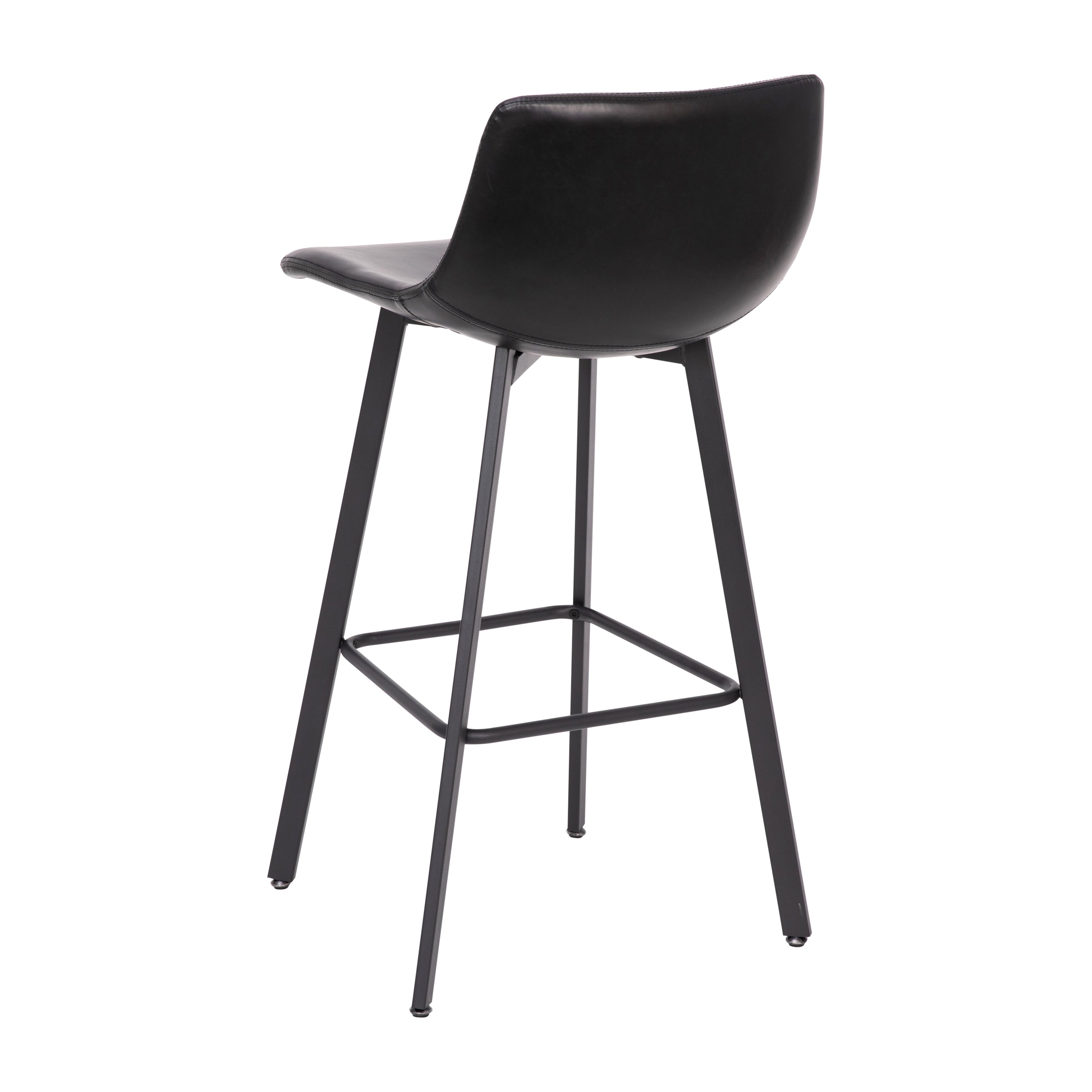 Caleb Modern Armless 30 Inch Bar Height Commercial Grade Barstools with Footrests in Black LeatherSoft and Black Matte Iron Frames, Set of 2