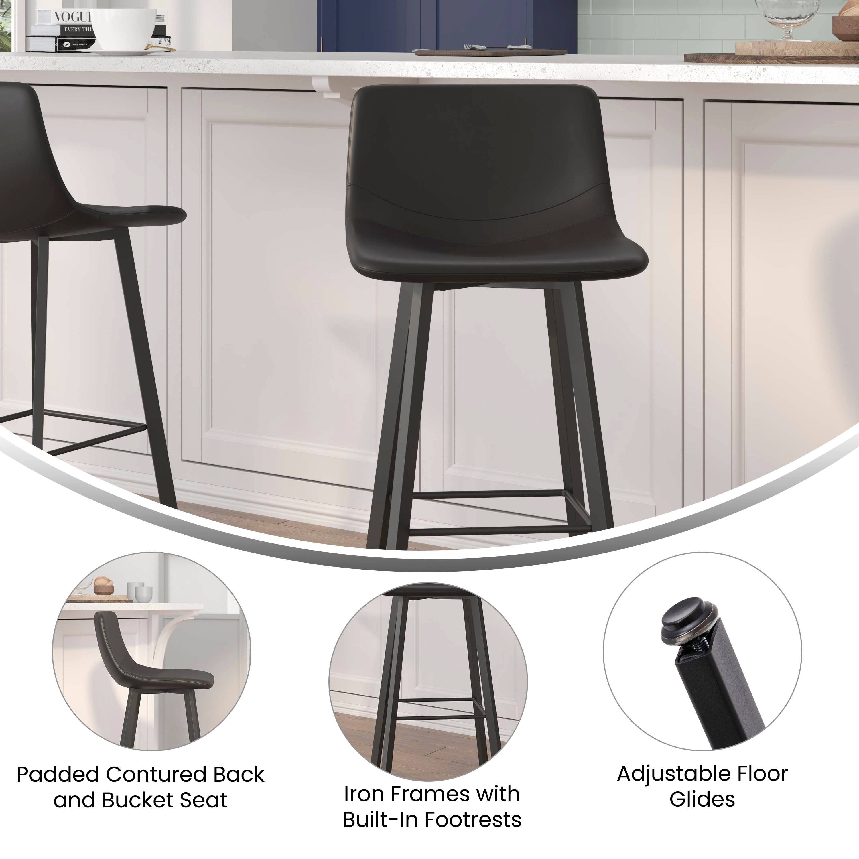 Caleb Modern Armless 30 Inch Bar Height Commercial Grade Barstools with Footrests in Black LeatherSoft and Black Matte Iron Frames, Set of 2