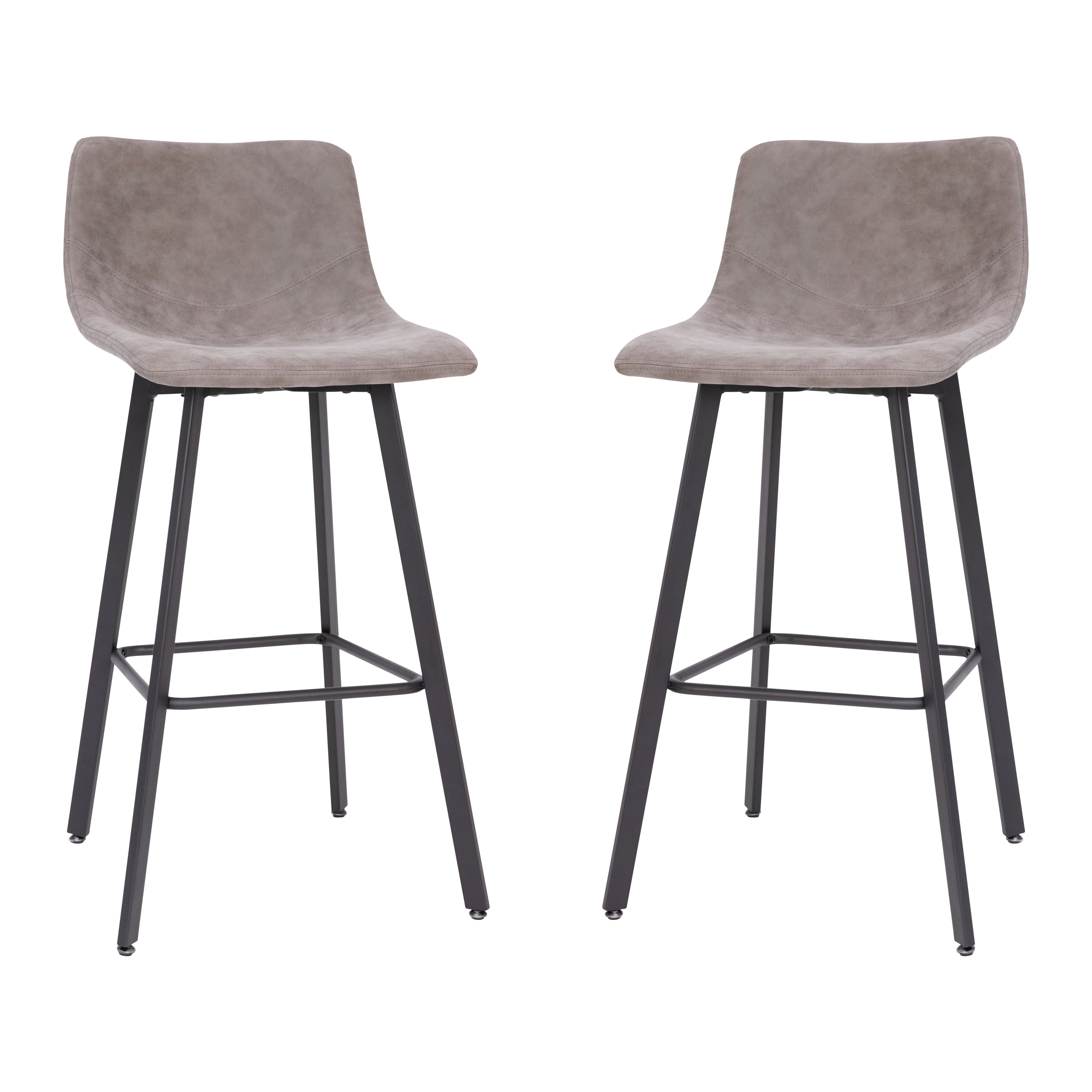 Caleb Modern Armless 30 Inch Bar Height Commercial Grade Barstools with Footrests in Gray LeatherSoft and Black Matte Iron Frames, Set of 2
