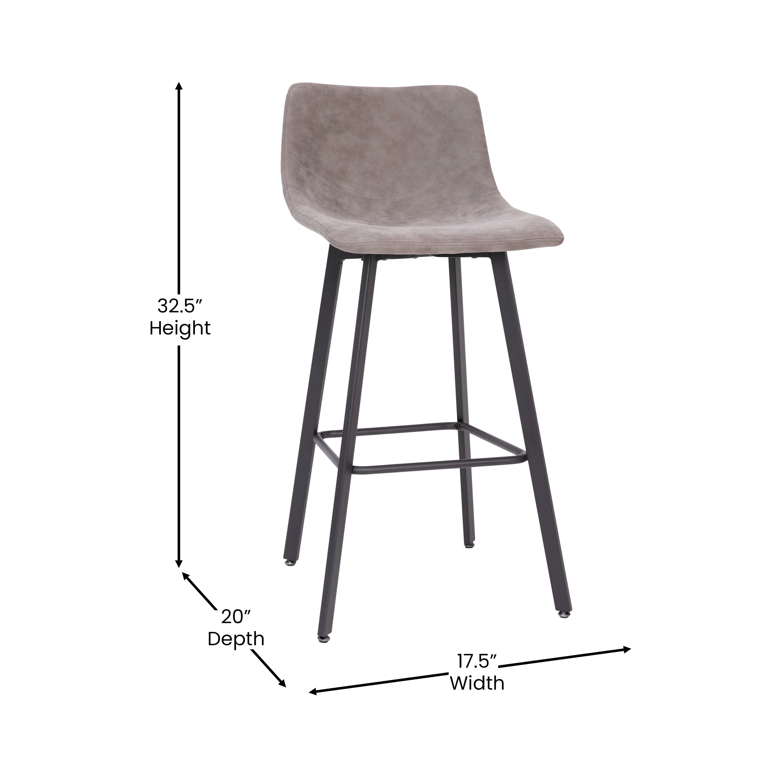 Caleb Modern Armless 30 Inch Bar Height Commercial Grade Barstools with Footrests in Gray LeatherSoft and Black Matte Iron Frames, Set of 2