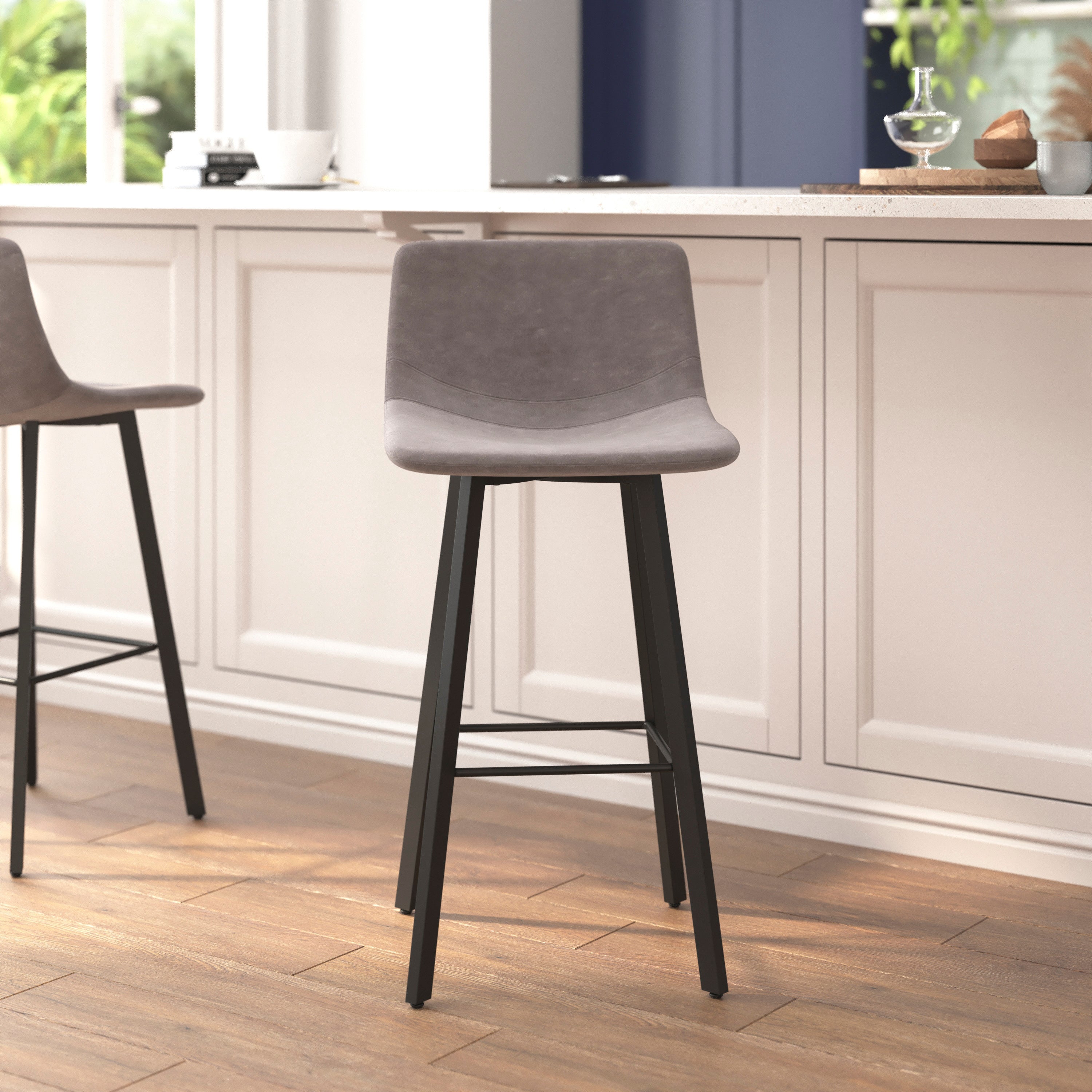 Caleb Modern Armless 30 Inch Bar Height Commercial Grade Barstools with Footrests in Gray LeatherSoft and Black Matte Iron Frames, Set of 2