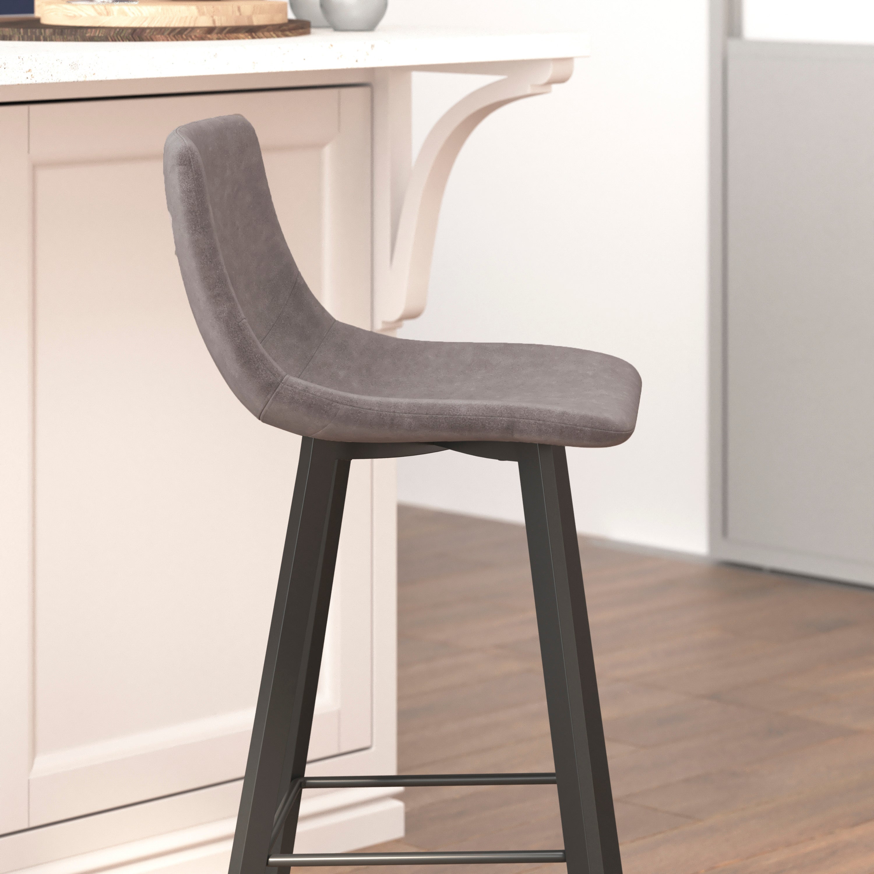 Caleb Modern Armless 30 Inch Bar Height Commercial Grade Barstools with Footrests in Gray LeatherSoft and Black Matte Iron Frames, Set of 2