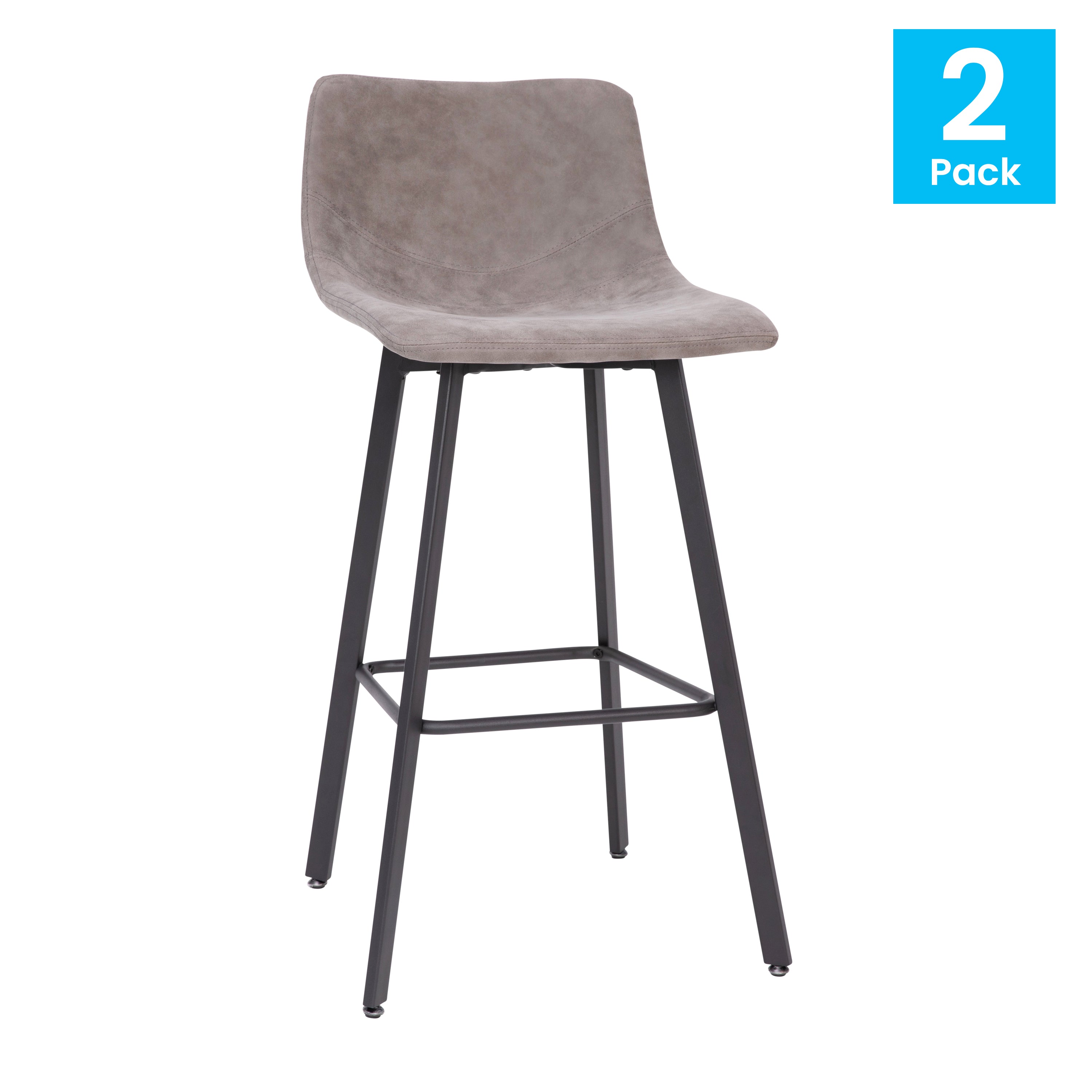 Caleb Modern Armless 30 Inch Bar Height Commercial Grade Barstools with Footrests in Gray LeatherSoft and Black Matte Iron Frames, Set of 2
