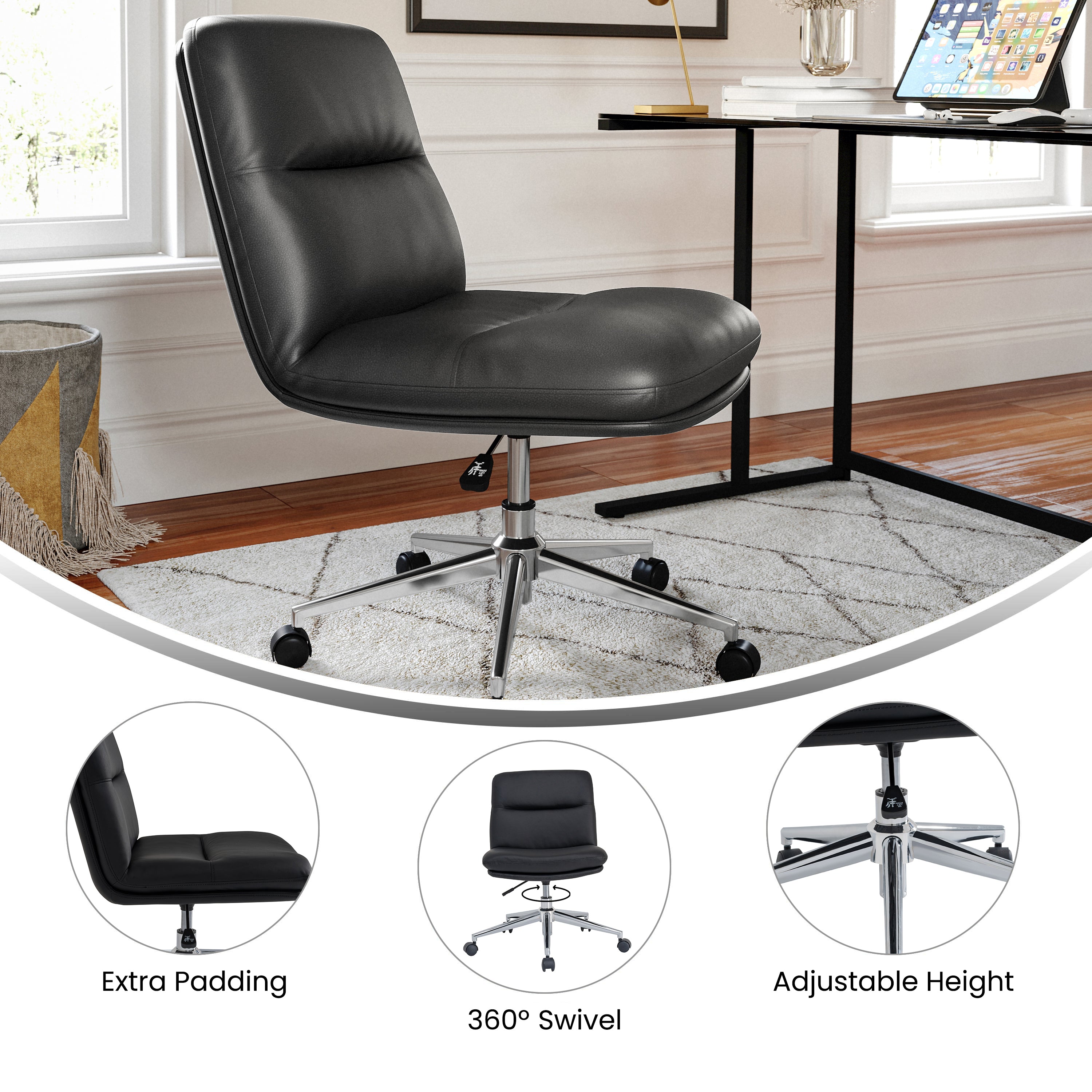 Chloe Commercial Mid-Back Black Padded LeatherSoft Armless Task Office Chair with Wheels, Adjustable Height, Swivel Function, and Chrome Frame