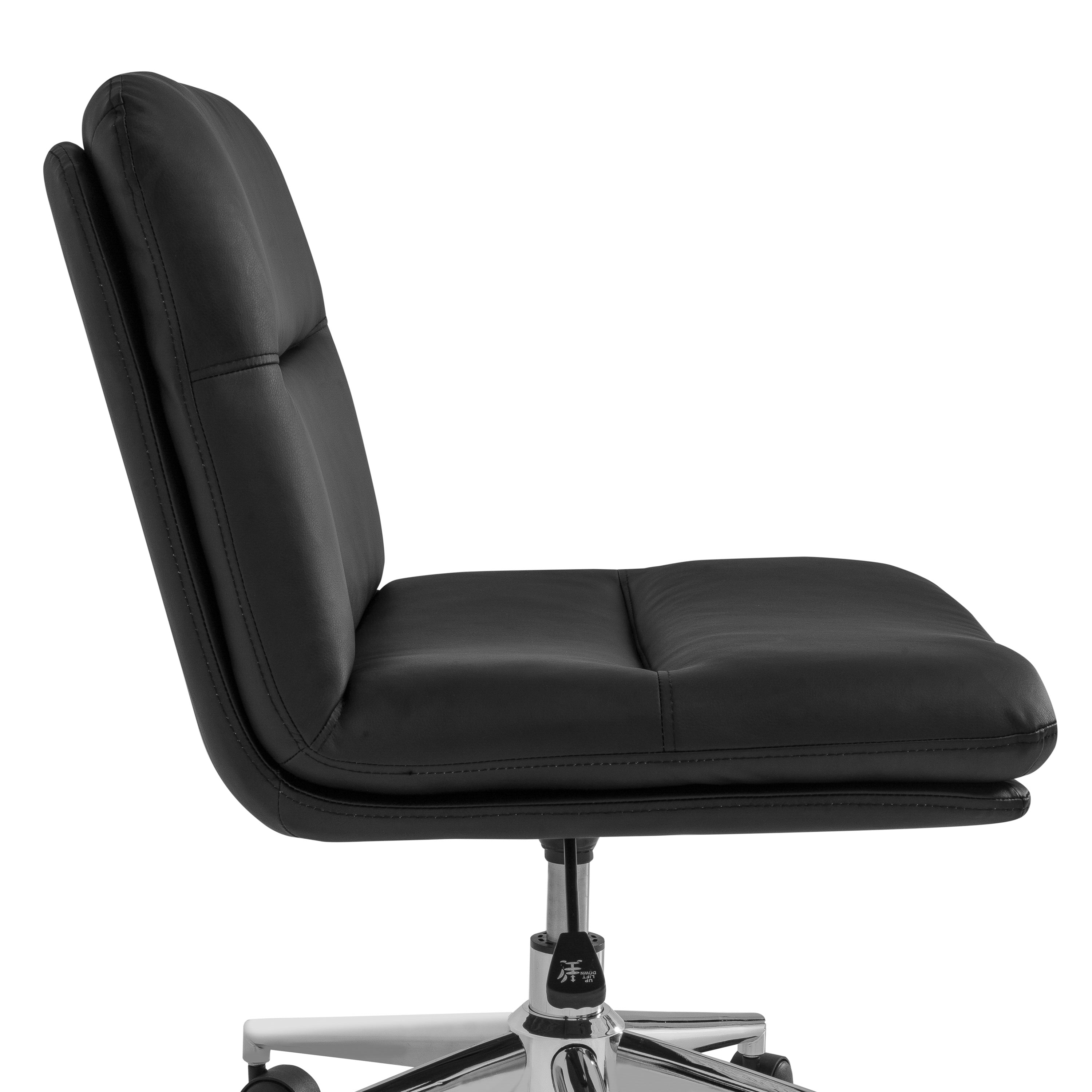 Chloe Commercial Mid-Back Black Padded LeatherSoft Armless Task Office Chair with Wheels, Adjustable Height, Swivel Function, and Chrome Frame
