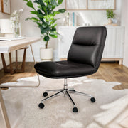Chloe Commercial Mid-Back Black Padded LeatherSoft Armless Task Office Chair with Wheels, Adjustable Height, Swivel Function, and Chrome Frame
