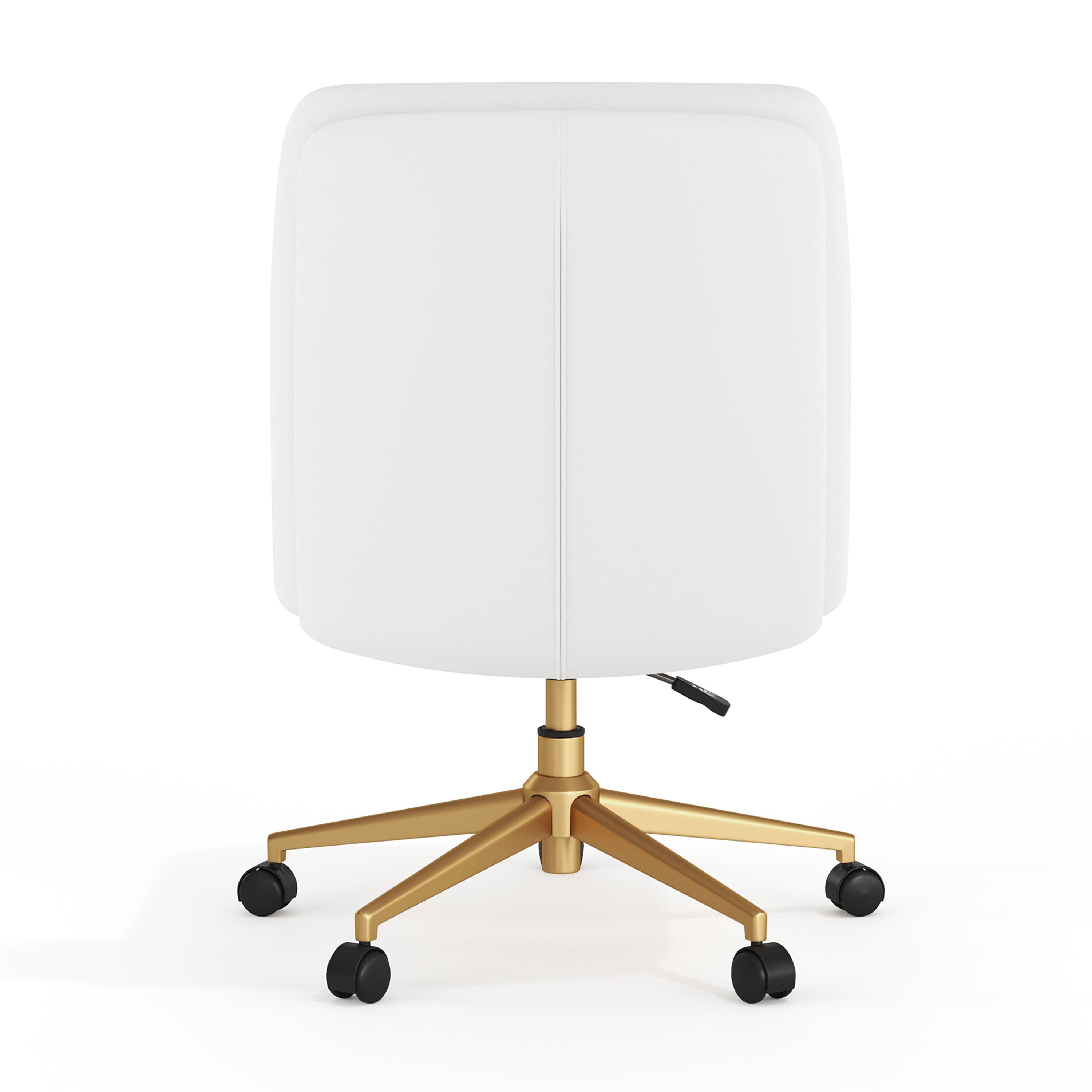 Chloe Commercial Mid-Back White Padded LeatherSoft Armless Task Office Chair with Wheels, Adjustable Height, Swivel Function, and Gold Frame