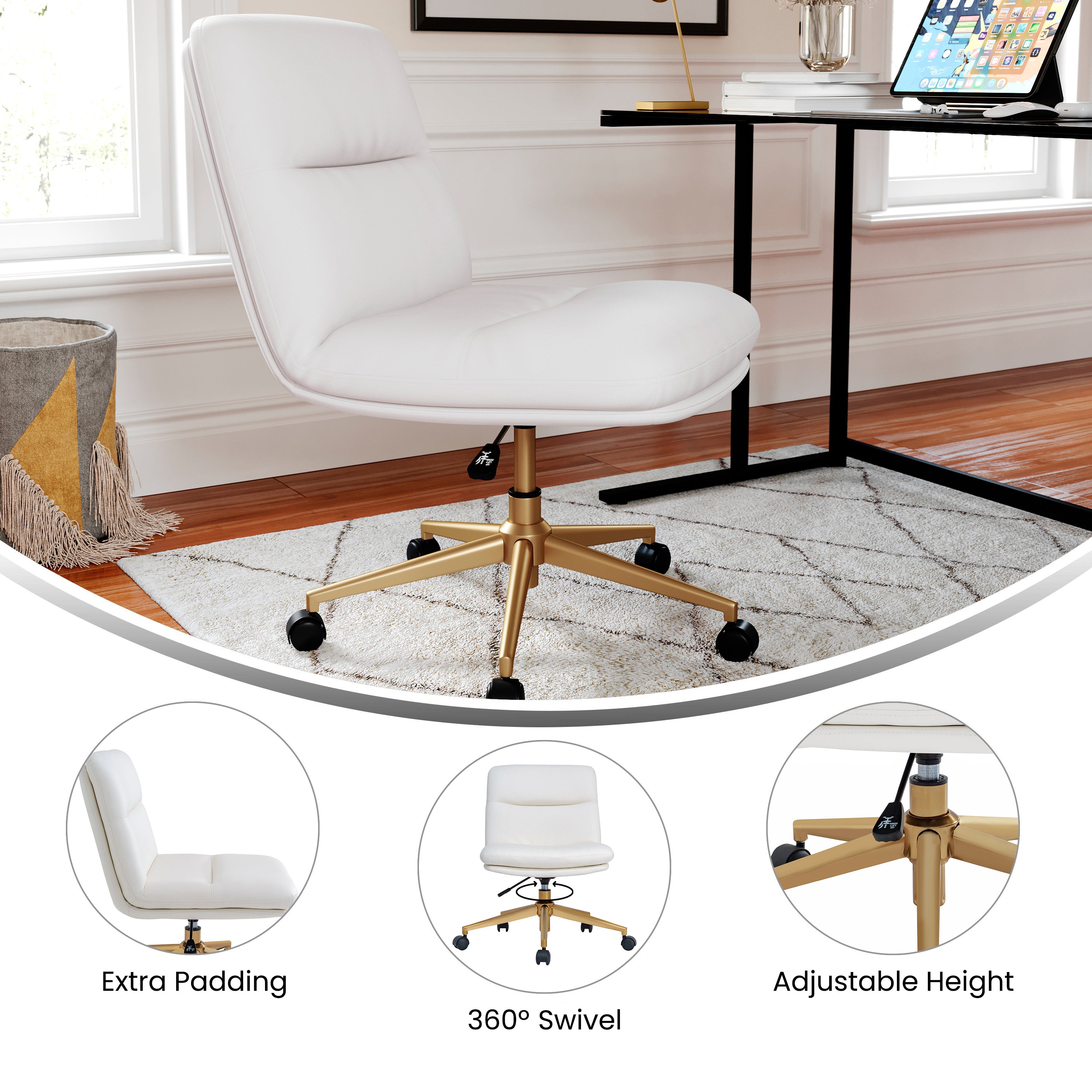 Chloe Commercial Mid-Back White Padded LeatherSoft Armless Task Office Chair with Wheels, Adjustable Height, Swivel Function, and Gold Frame