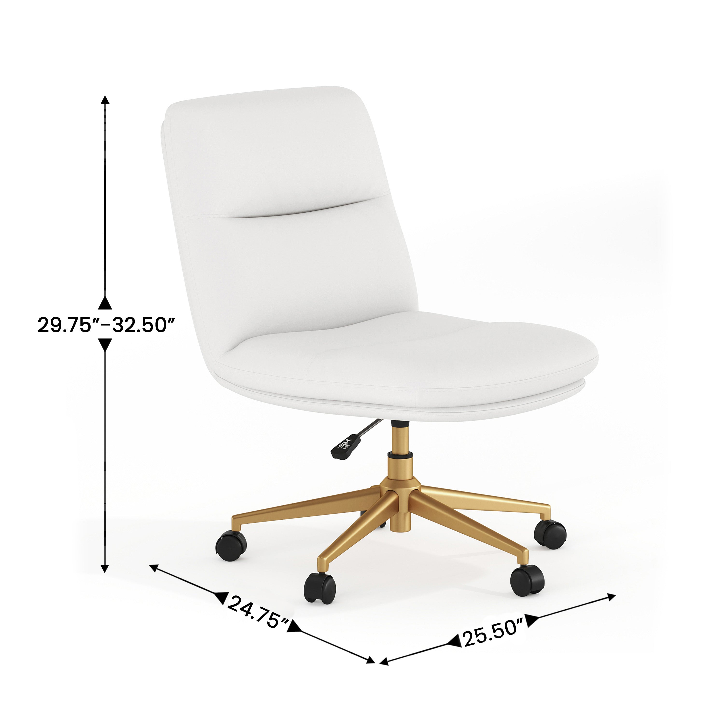Chloe Commercial Mid-Back White Padded LeatherSoft Armless Task Office Chair with Wheels, Adjustable Height, Swivel Function, and Gold Frame