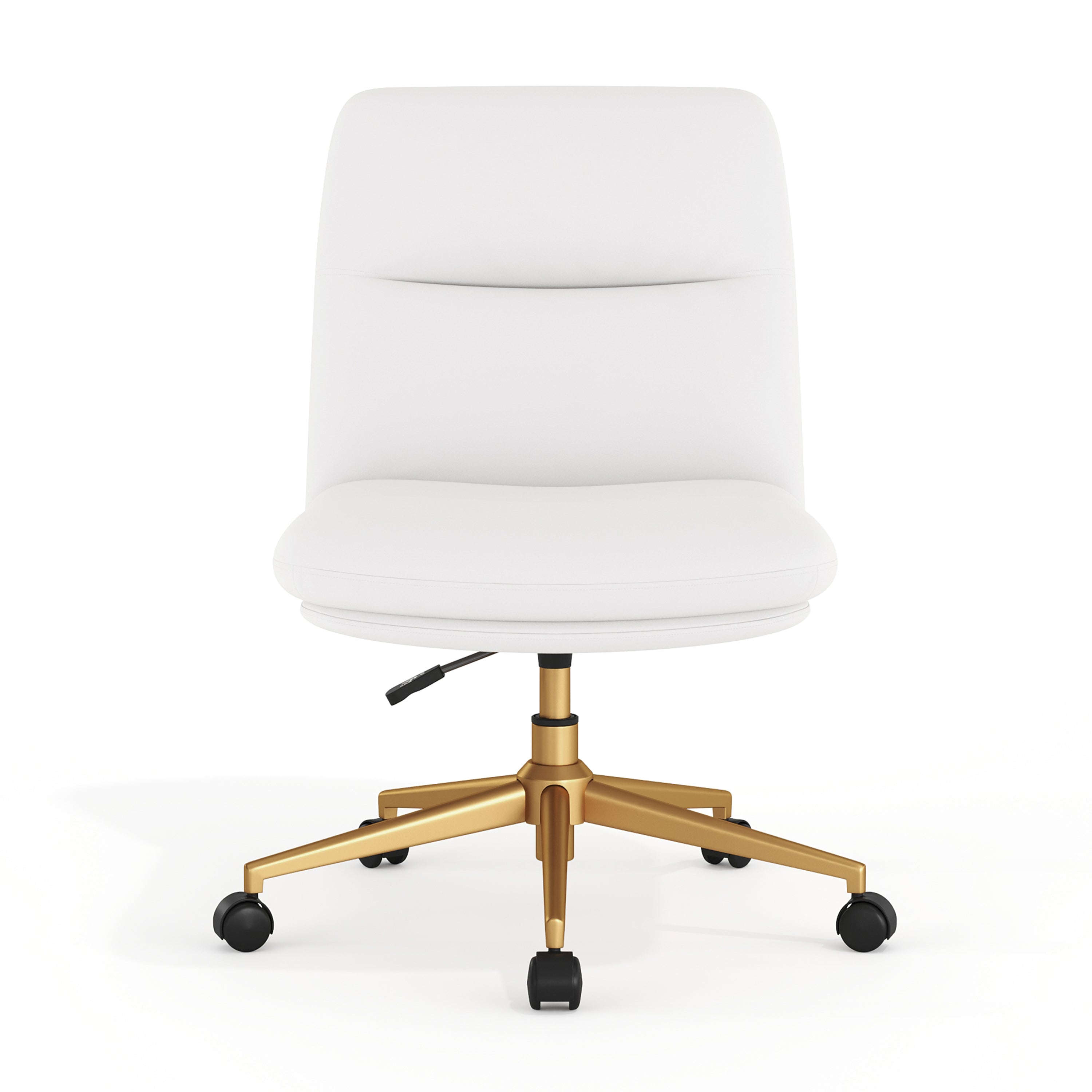 Chloe Commercial Mid-Back White Padded LeatherSoft Armless Task Office Chair with Wheels, Adjustable Height, Swivel Function, and Gold Frame