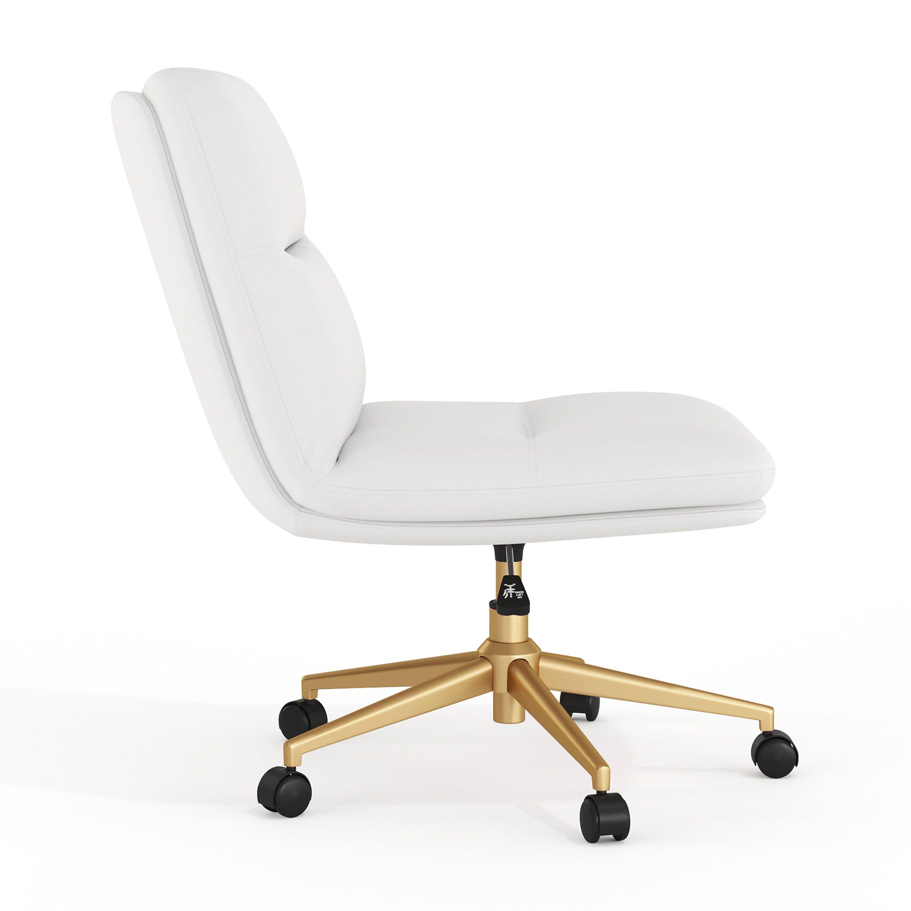 Chloe Commercial Mid-Back White Padded LeatherSoft Armless Task Office Chair with Wheels, Adjustable Height, Swivel Function, and Gold Frame