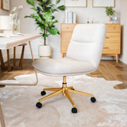 Chloe Commercial Mid-Back White Padded LeatherSoft Armless Task Office Chair with Wheels, Adjustable Height, Swivel Function, and Gold Frame
