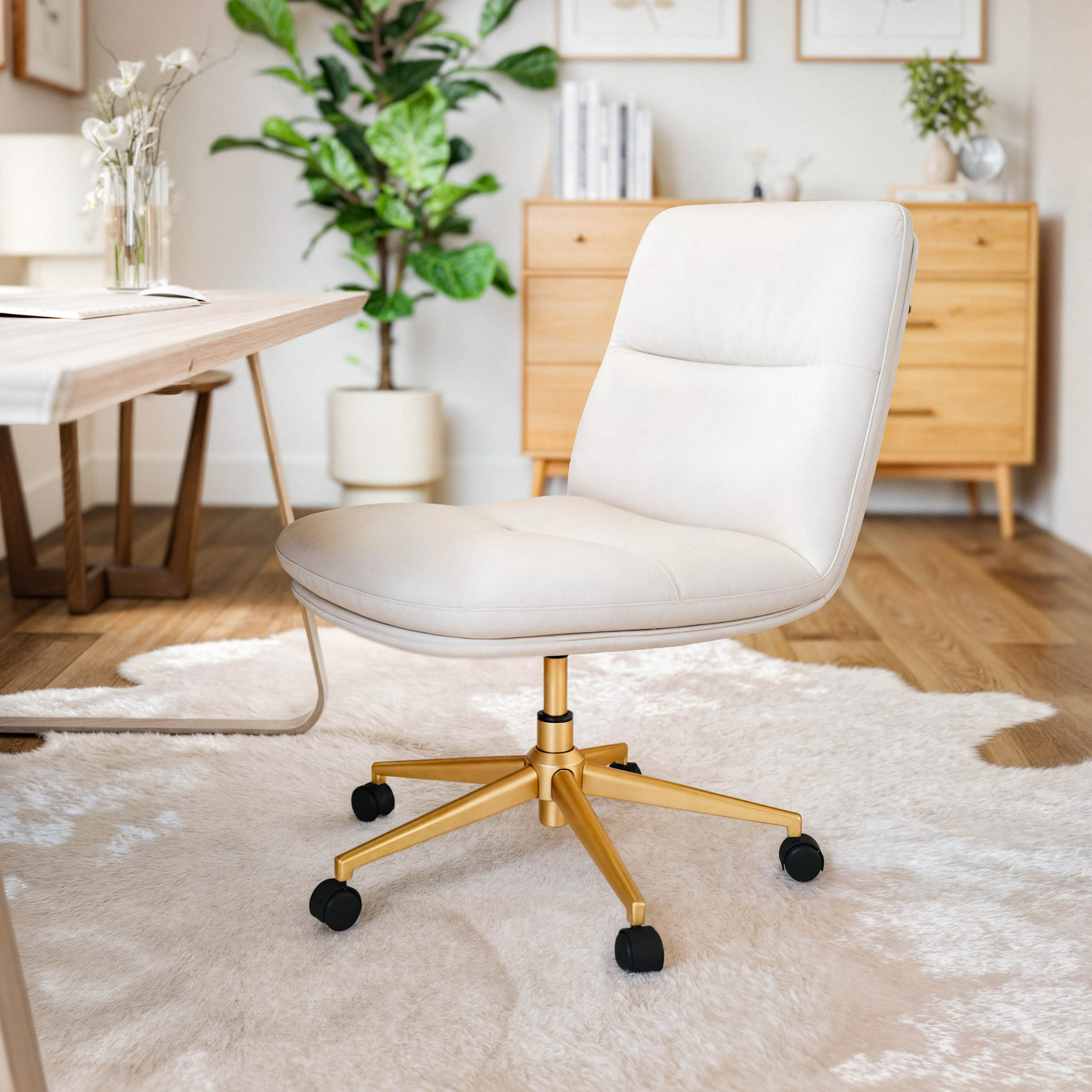 Chloe Commercial Mid-Back White Padded LeatherSoft Armless Task Office Chair with Wheels, Adjustable Height, Swivel Function, and Gold Frame