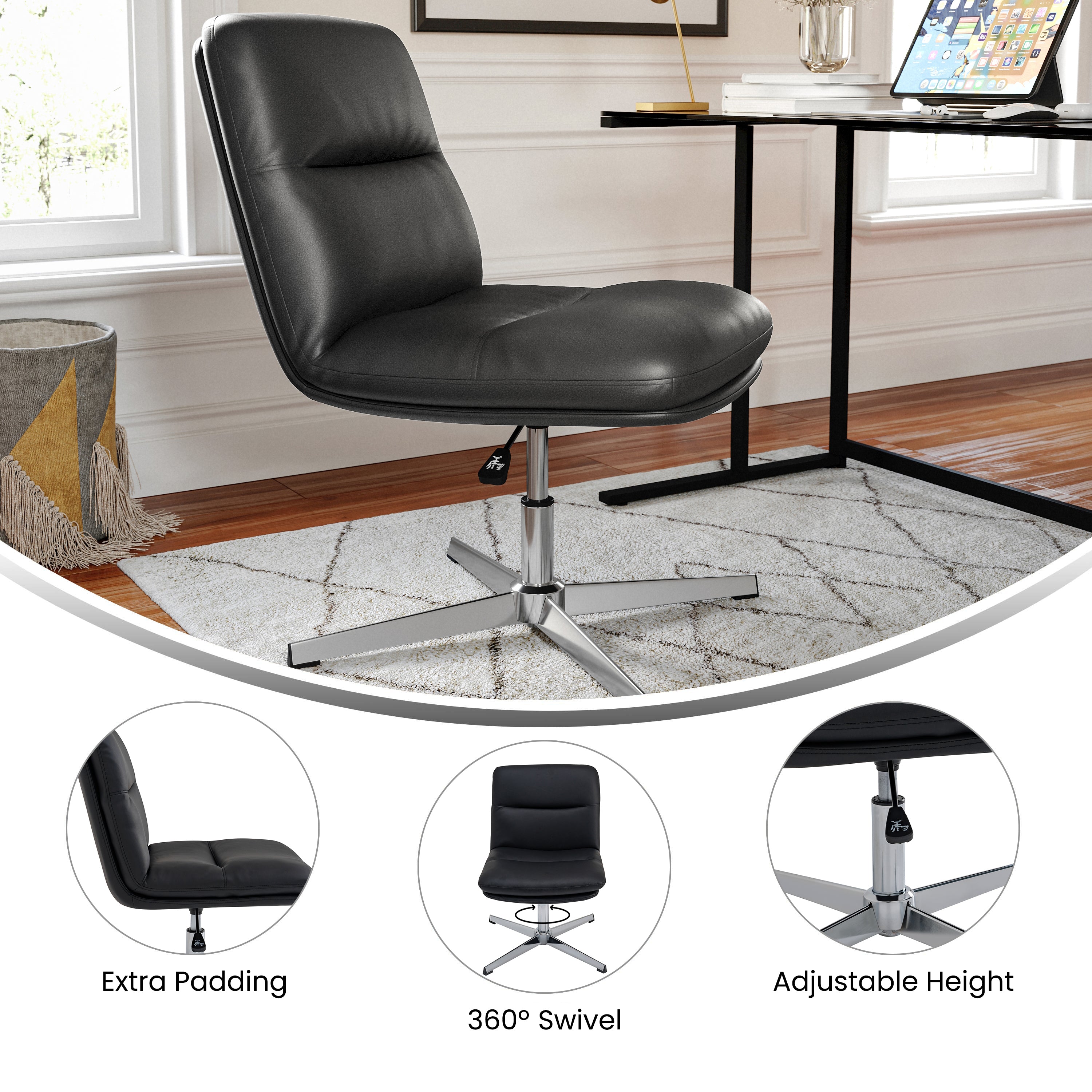 Chloe Commercial Mid-Back Black Padded LeatherSoft Armless Stationary Task Office Chair with Adjustable Height, Swivel Function, and Chrome Frame