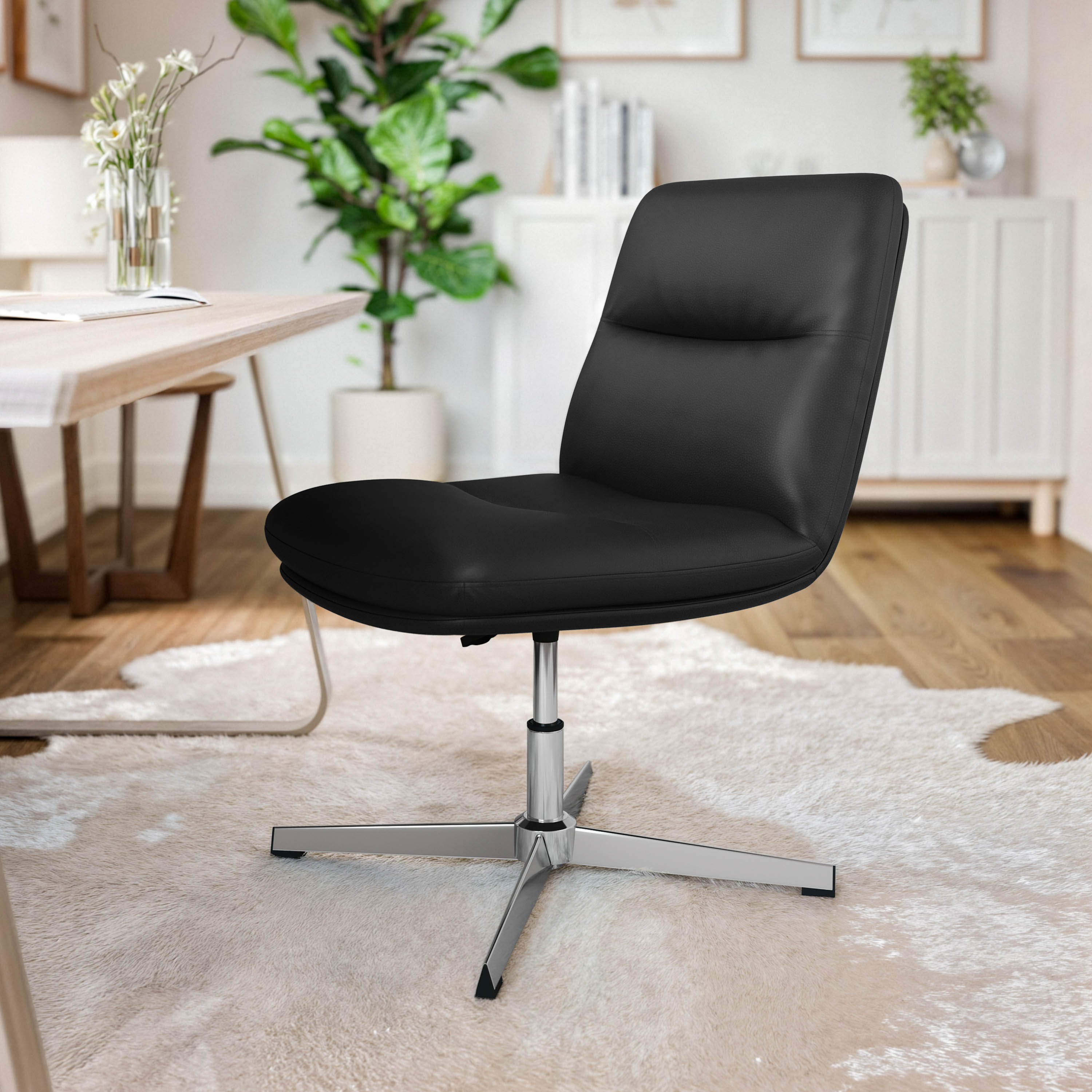 Chloe Commercial Mid-Back Black Padded LeatherSoft Armless Stationary Task Office Chair with Adjustable Height, Swivel Function, and Chrome Frame