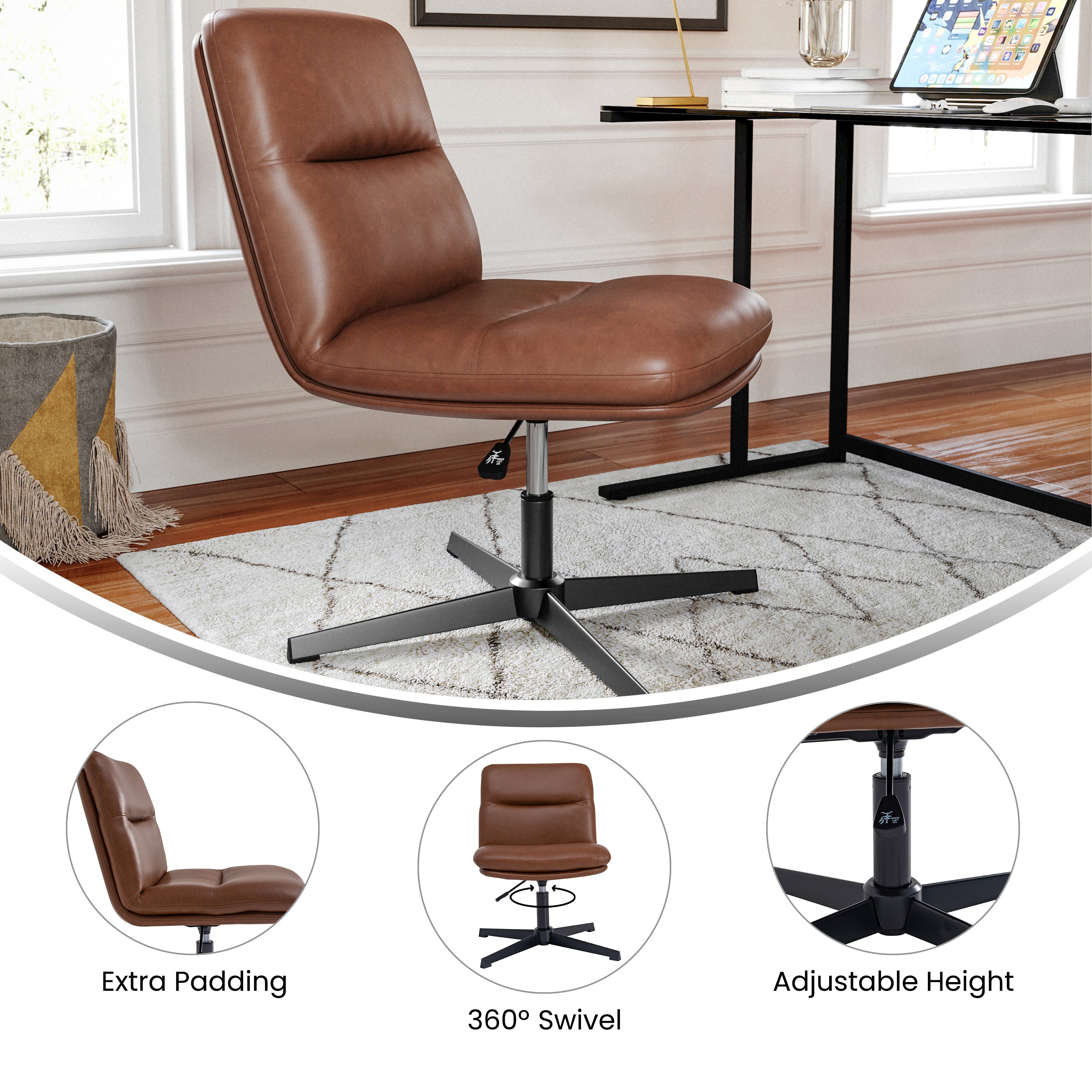 Chloe Commercial Mid-Back Cognac Padded LeatherSoft Armless Stationary Task Office Chair with Adjustable Height, Swivel Function, and Black Frame