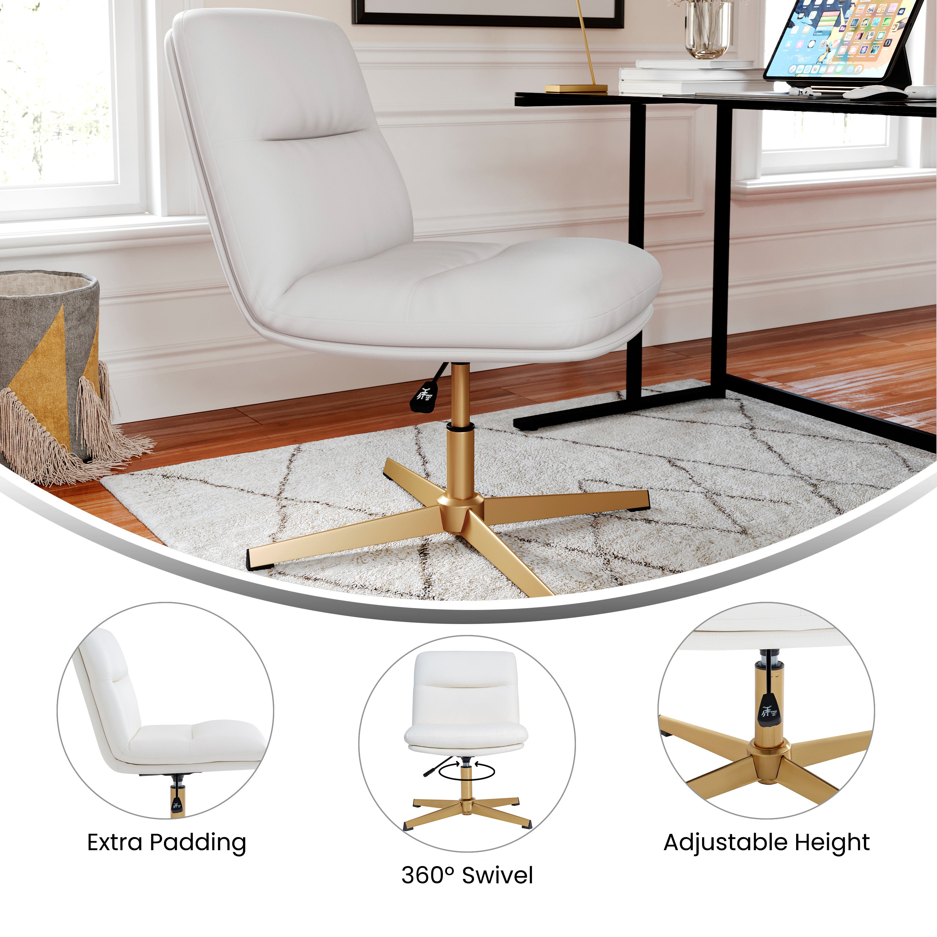 Chloe Commercial Mid-Back White Padded LeatherSoft Armless Stationary Task Office Chair with Adjustable Height, Swivel Function, and Gold Frame
