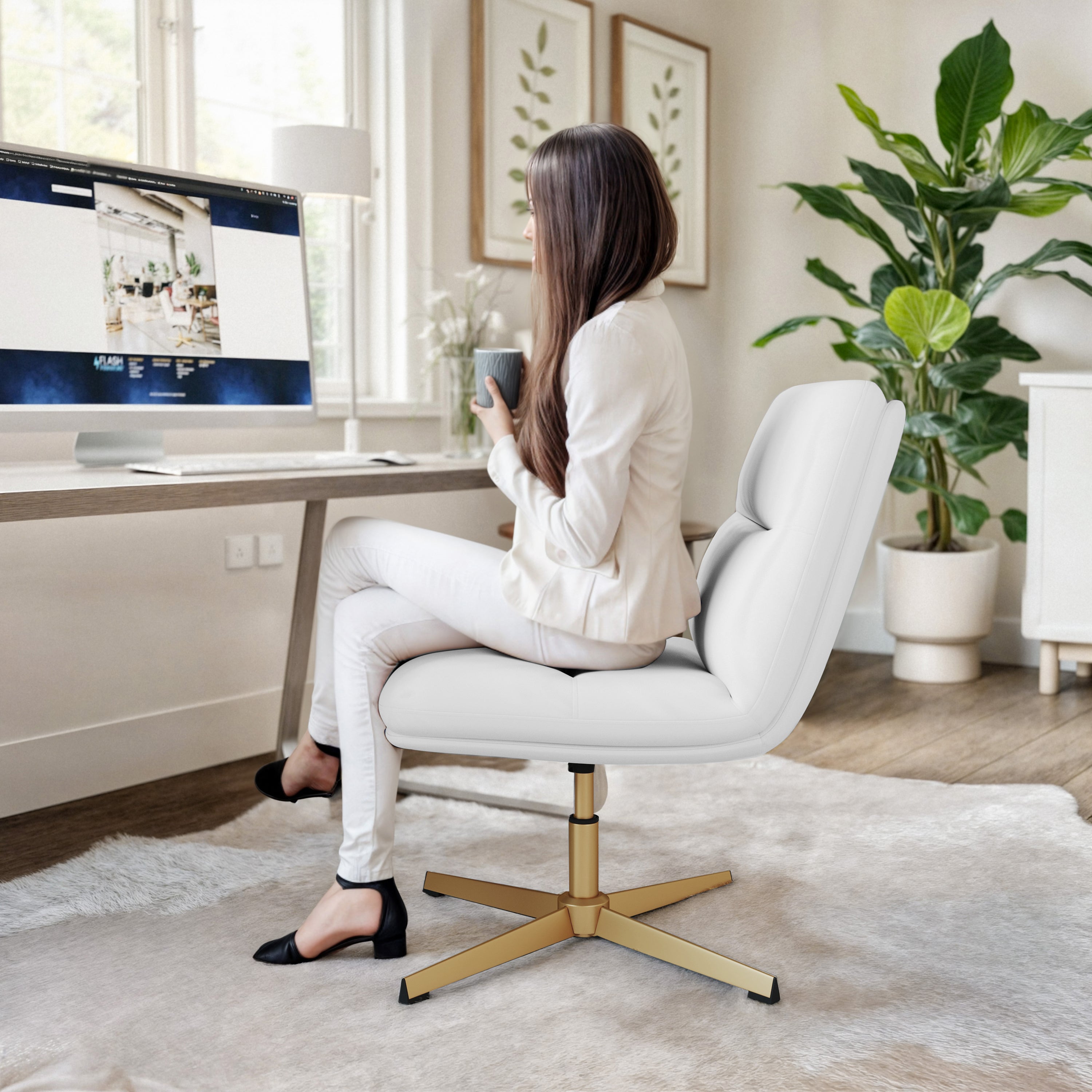 Chloe Commercial Mid-Back White Padded LeatherSoft Armless Stationary Task Office Chair with Adjustable Height, Swivel Function, and Gold Frame