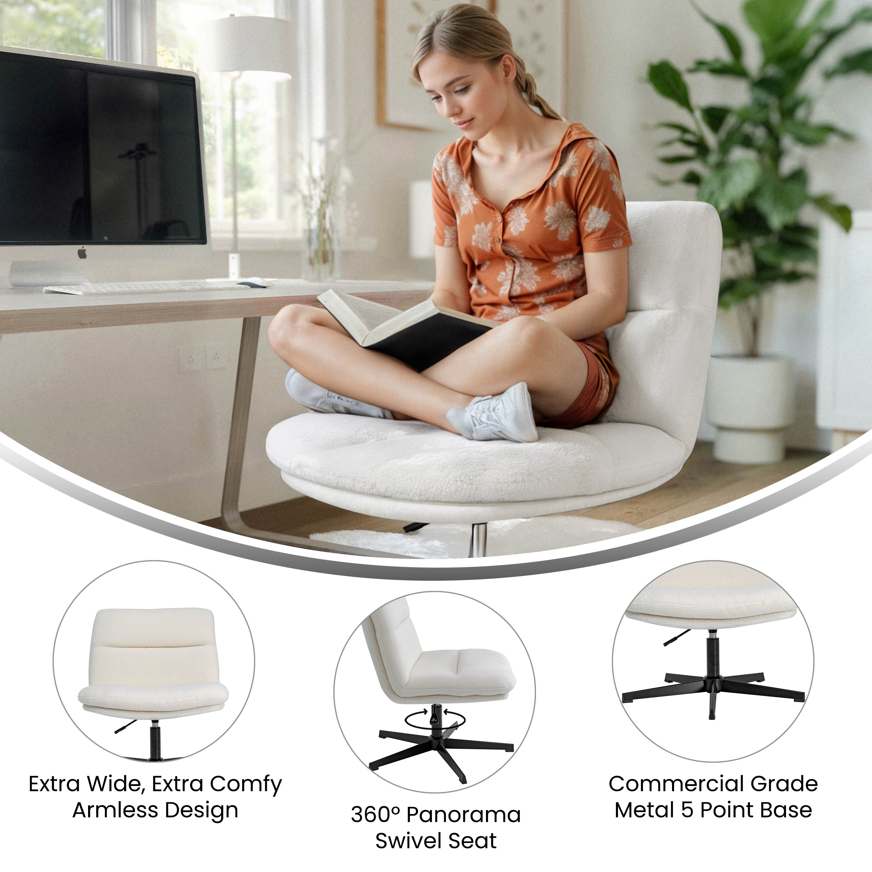 Chloe Commercial Wide Mid-Back Cream Padded Faux Shearling Armless Stationary Task Office Chair with Adjustable Height, Swivel Function, Black Frame