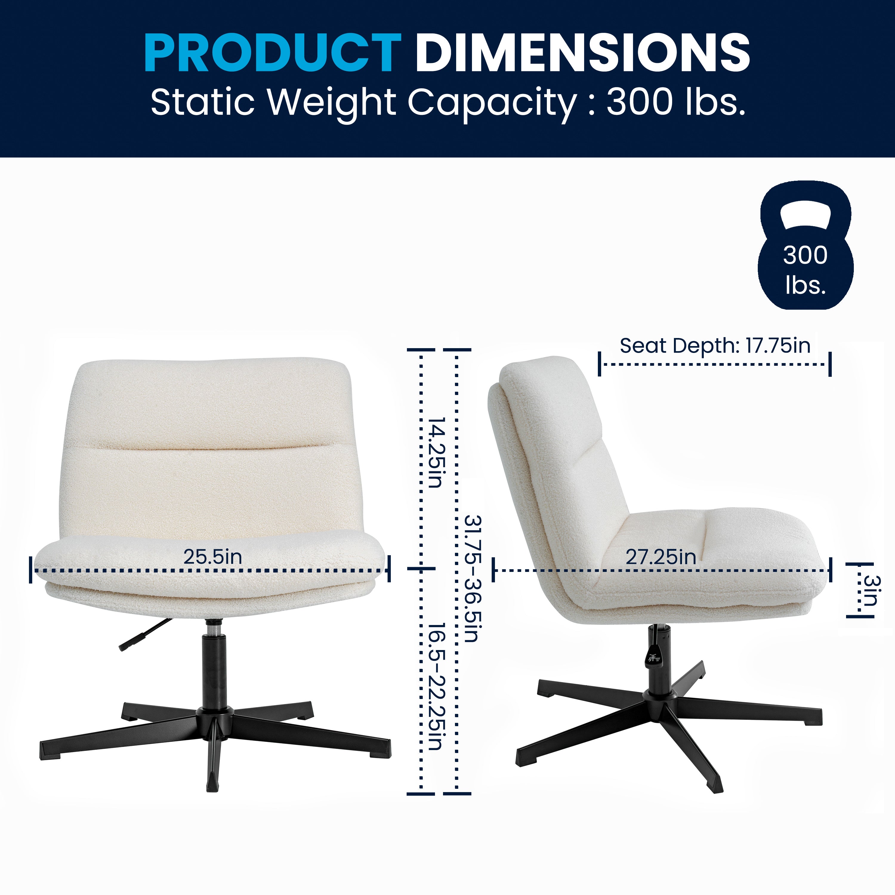 Chloe Commercial Wide Mid-Back Cream Padded Faux Shearling Armless Stationary Task Office Chair with Adjustable Height, Swivel Function, Black Frame