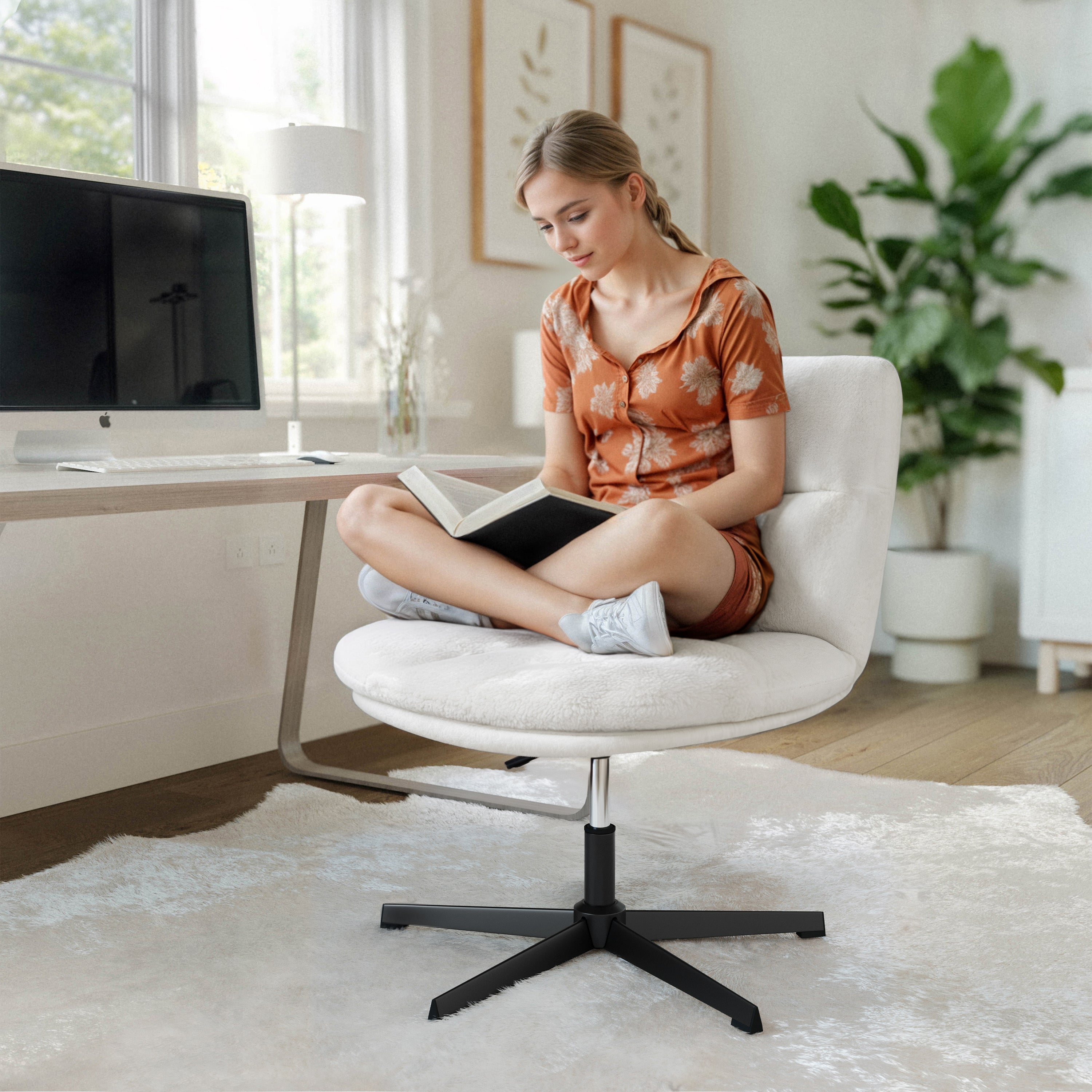 Chloe Commercial Wide Mid-Back Cream Padded Faux Shearling Armless Stationary Task Office Chair with Adjustable Height, Swivel Function, Black Frame