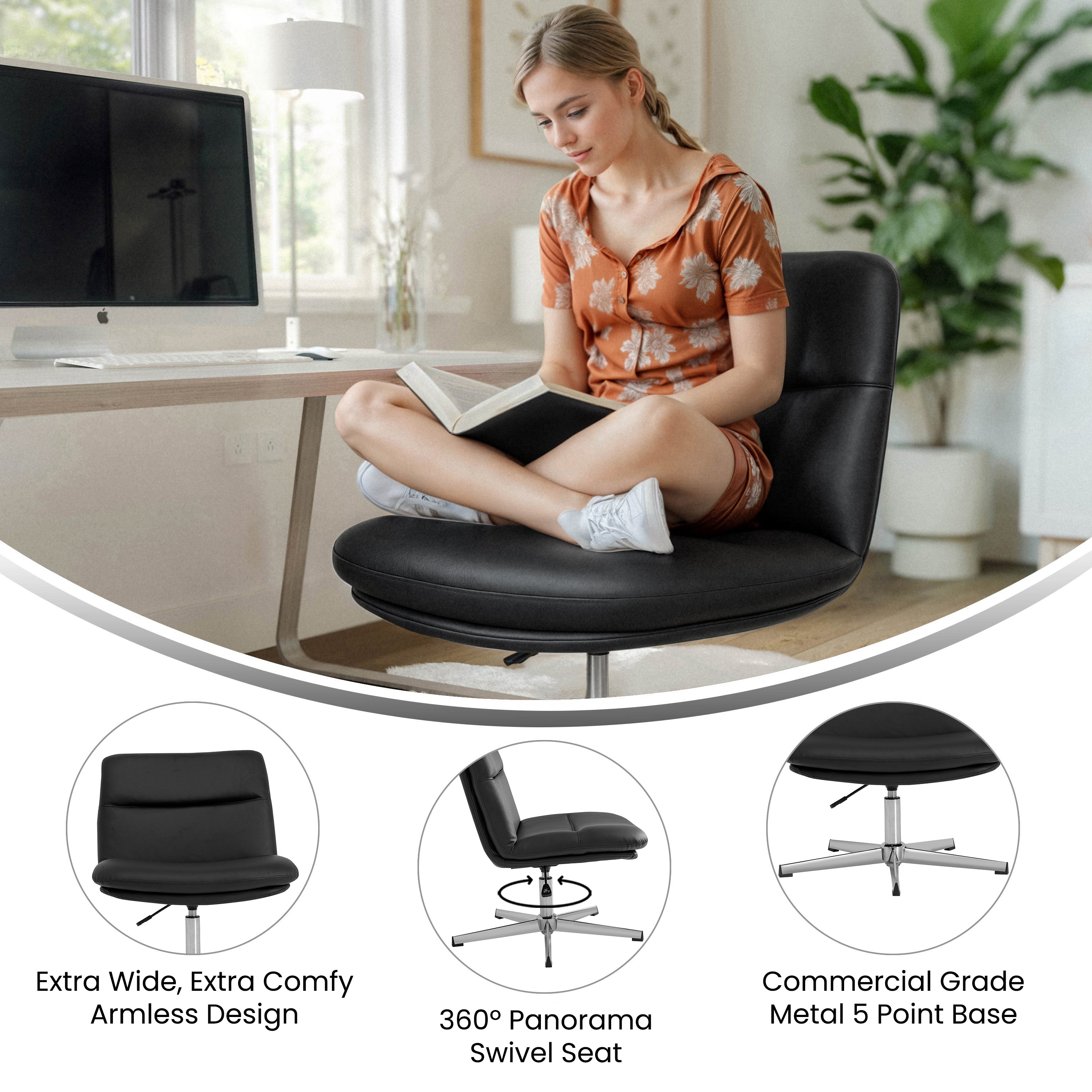 Chloe Commercial Wide Mid-Back Black Padded LeatherSoft Armless Stationary Task Office Chair with Adjustable Height, Swivel Function, and Chrome Frame