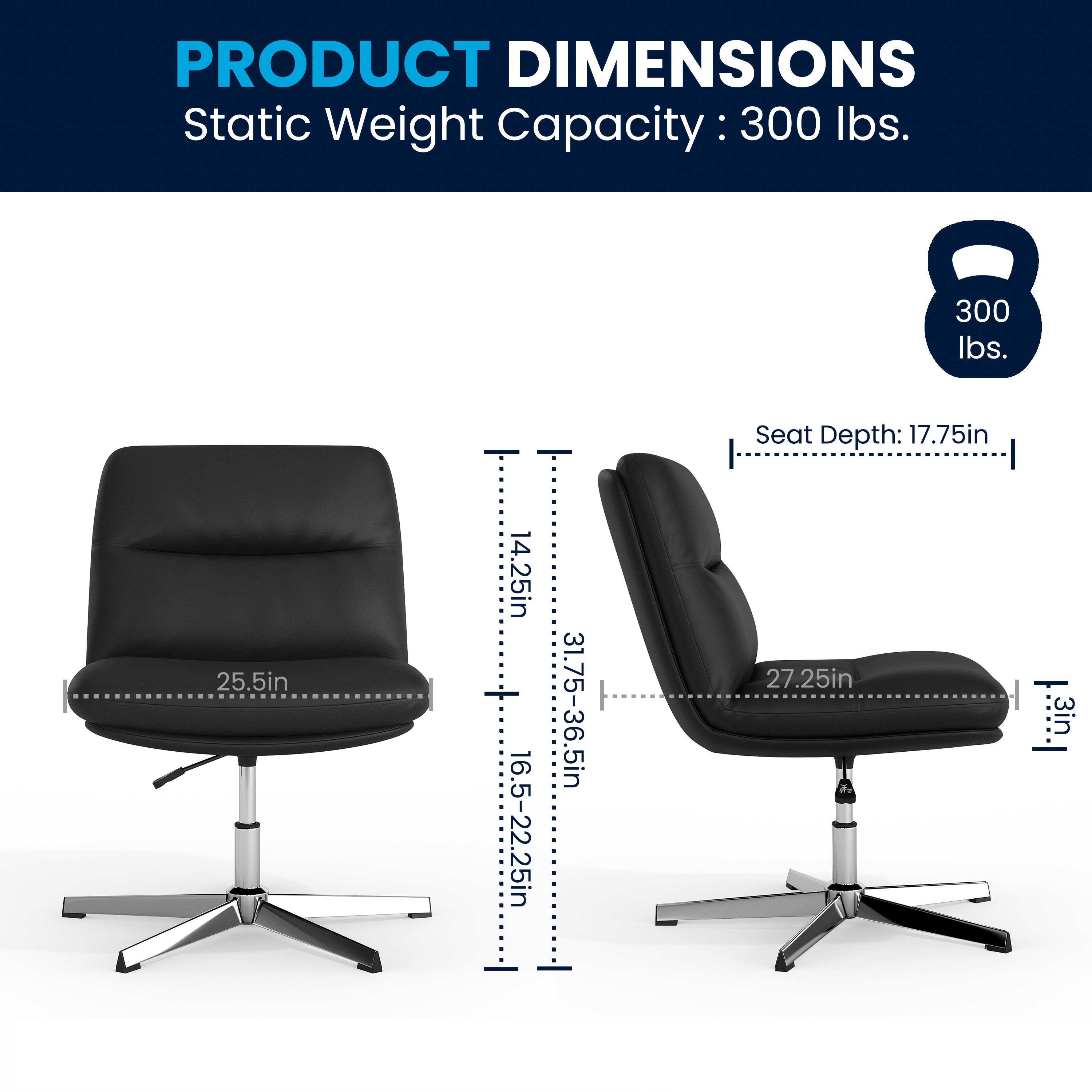 Chloe Commercial Wide Mid-Back Black Padded LeatherSoft Armless Stationary Task Office Chair with Adjustable Height, Swivel Function, and Chrome Frame