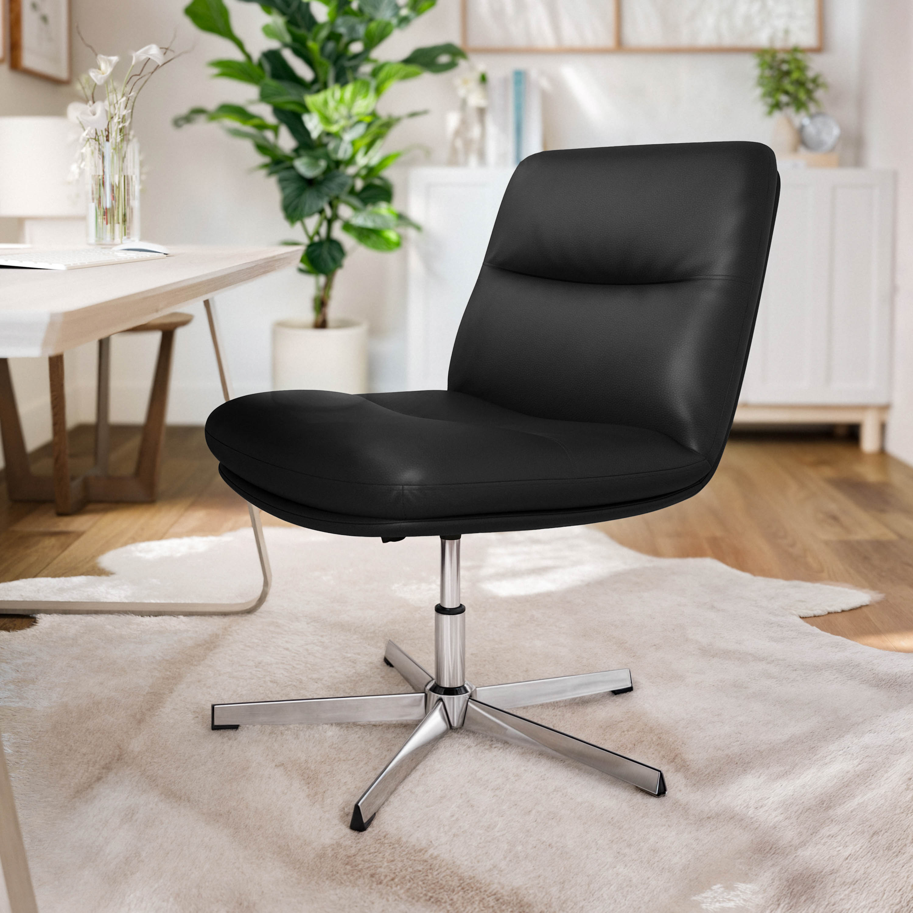 Chloe Commercial Wide Mid-Back Black Padded LeatherSoft Armless Stationary Task Office Chair with Adjustable Height, Swivel Function, and Chrome Frame