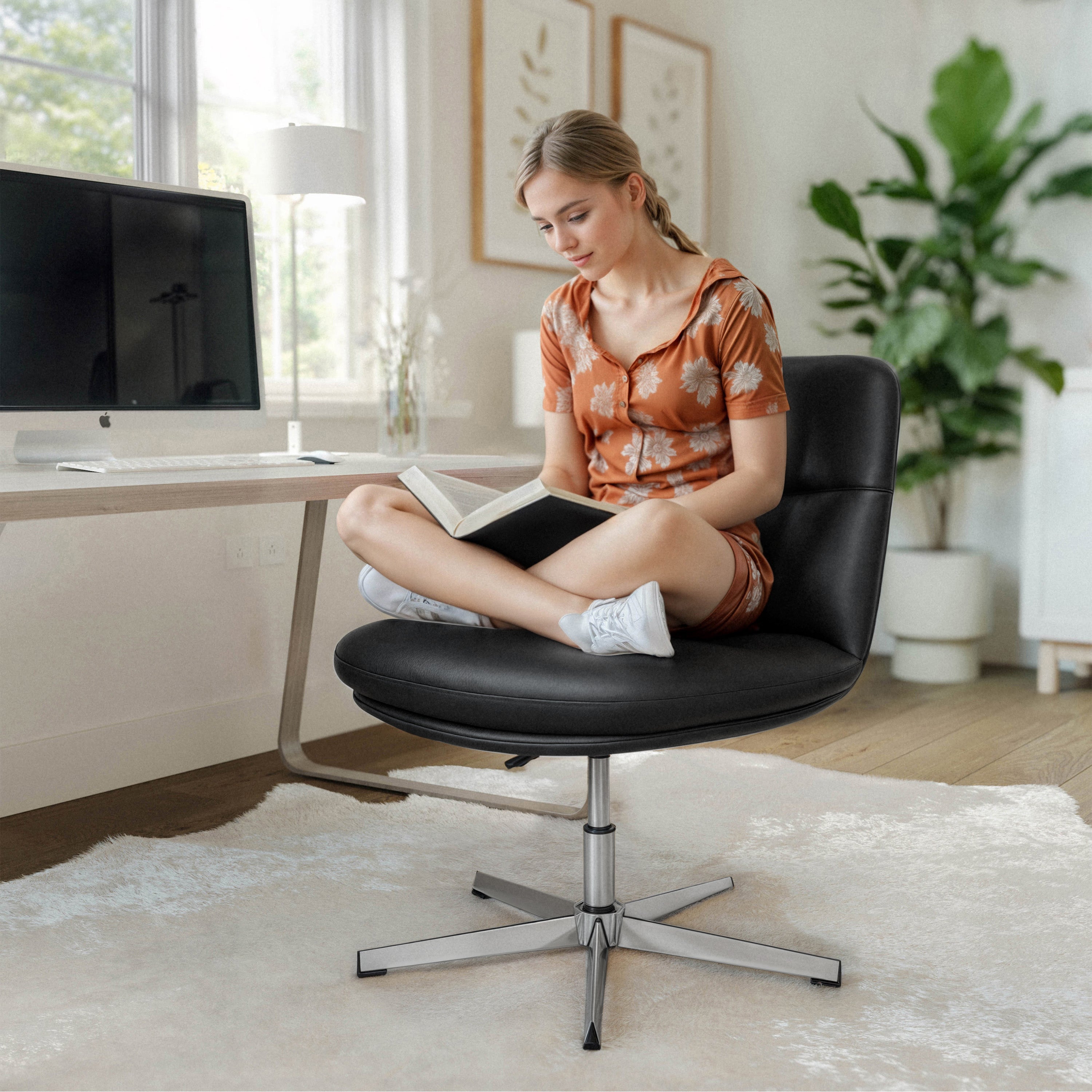 Chloe Commercial Wide Mid-Back Black Padded LeatherSoft Armless Stationary Task Office Chair with Adjustable Height, Swivel Function, and Chrome Frame