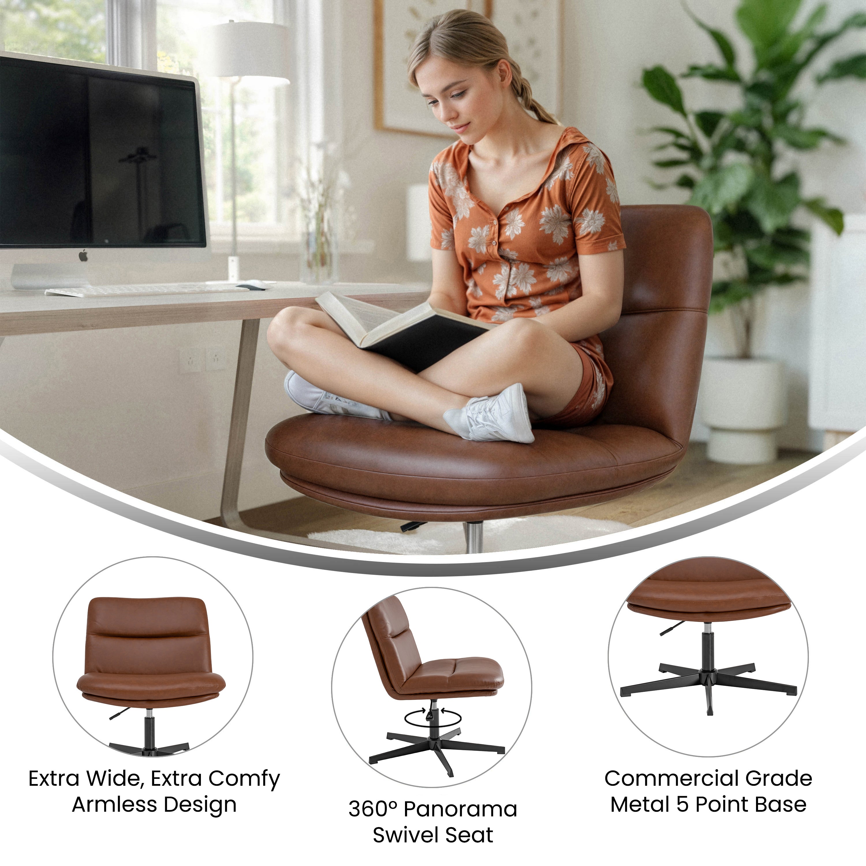 Chloe Commercial Wide Mid-Back Cognac Padded LeatherSoft Armless Stationary Task Office Chair with Adjustable Height, Swivel Function, and Black Frame