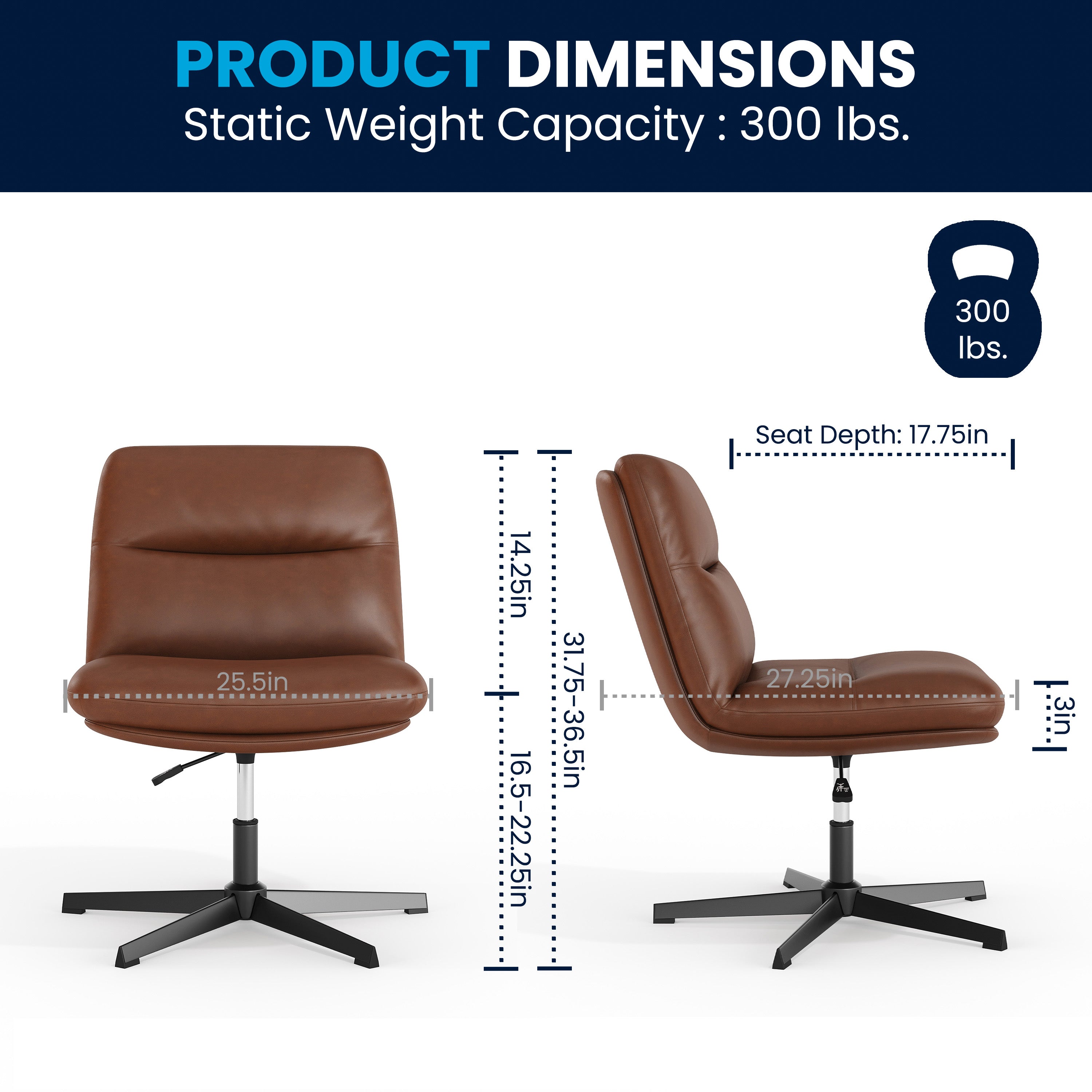 Chloe Commercial Wide Mid-Back Cognac Padded LeatherSoft Armless Stationary Task Office Chair with Adjustable Height, Swivel Function, and Black Frame