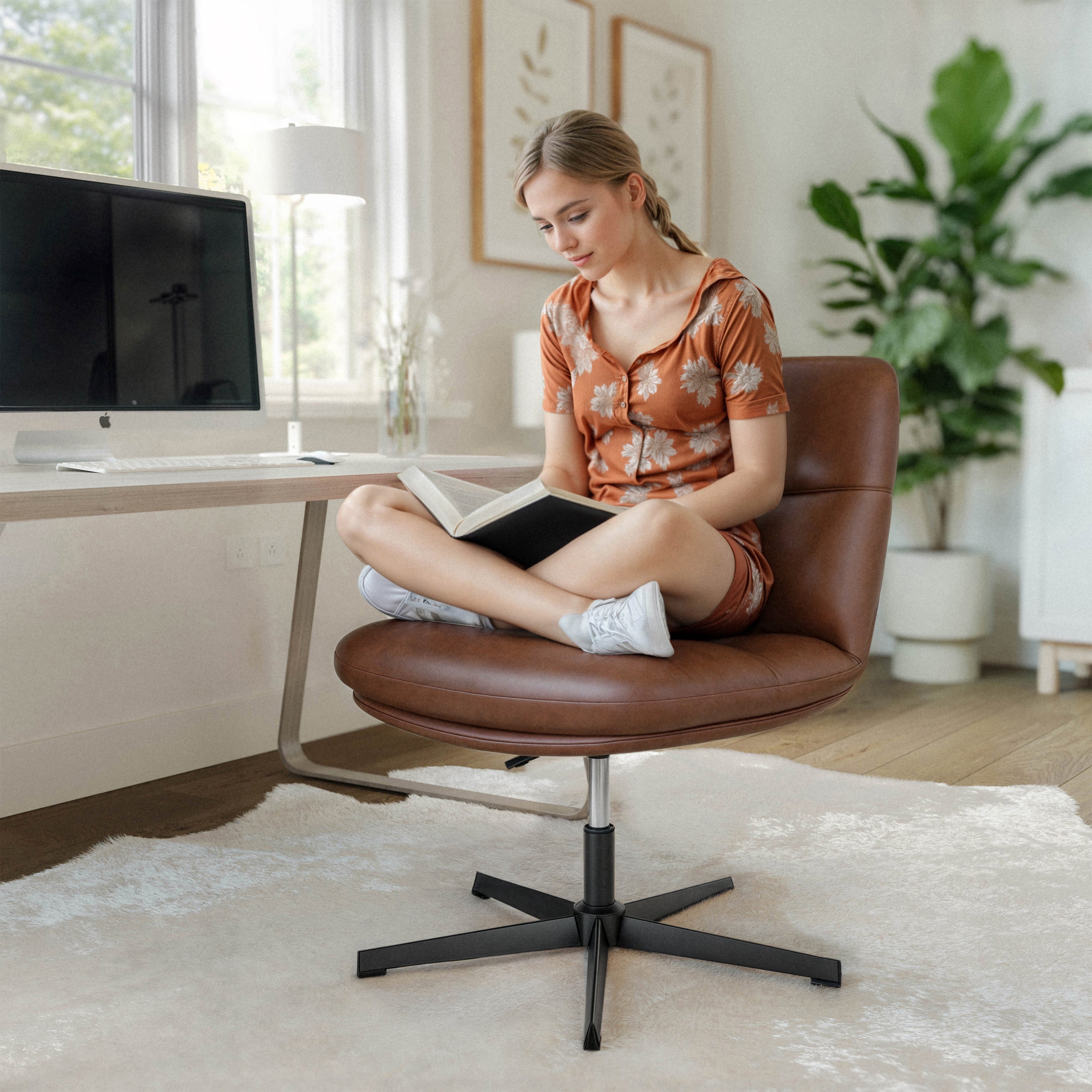 Chloe Commercial Wide Mid-Back Cognac Padded LeatherSoft Armless Stationary Task Office Chair with Adjustable Height, Swivel Function, and Black Frame